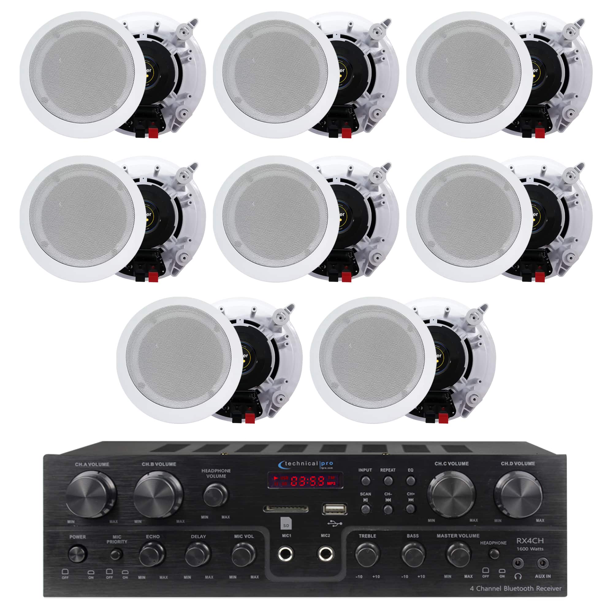 Technical Pro - 4-Room Bluetooth Audio System with 4 ch 1000W Receiver and 4 Pairs of 6.5 inch Wall Mount Speakers