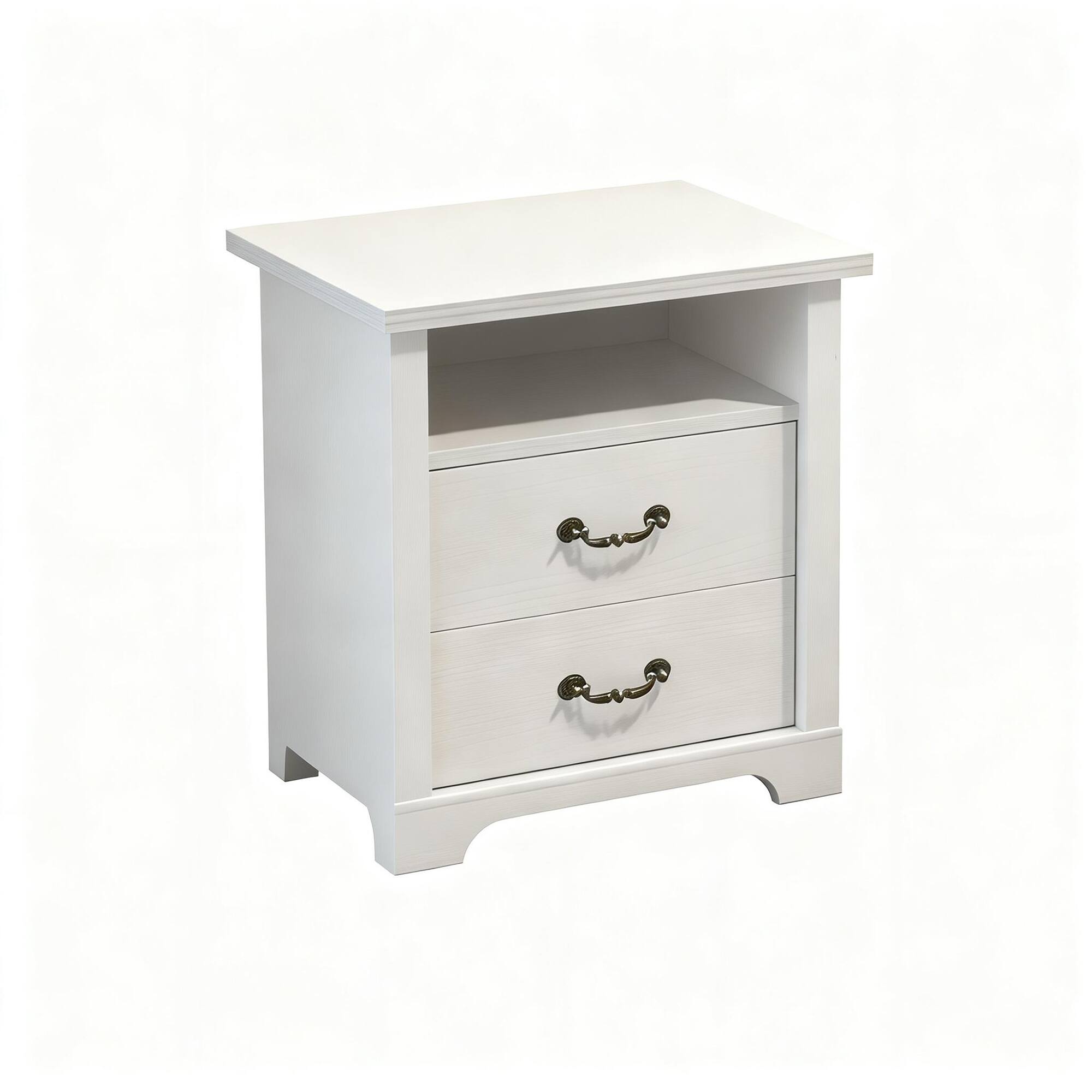 Left. Vaczon - Rustic White Nightstand Bedside Table with Open Shelf and 2 Drawers - White.