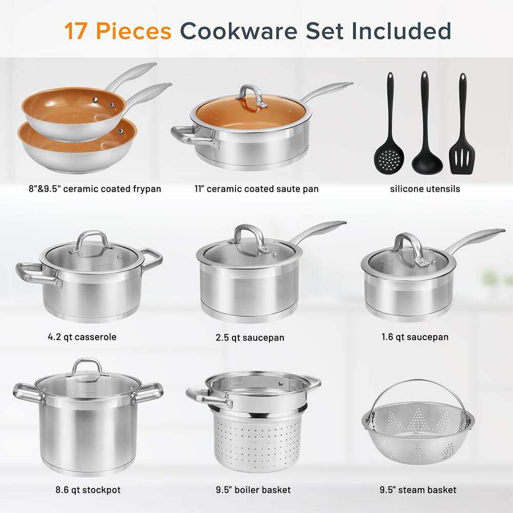 17 Pieces Cookware Set Included  
8" & 9.5" ceramic coated frypan  
11" ceramic coated saute pan  
silicone utensils  
4.2 qt casserole  
2.5 qt saucepan  
1.6 qt saucepan  
8.6 qt stockpot  
9.5" boiler basket  
9.5" steam basket
