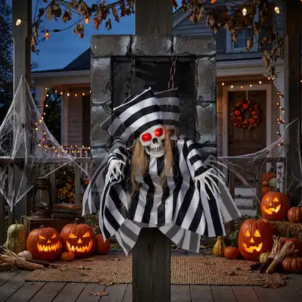 Front. WELLFOR - 18 Inch Animated Hanging Skull Prisoner Halloween Decoration with Lights and Sound - Multicolor.