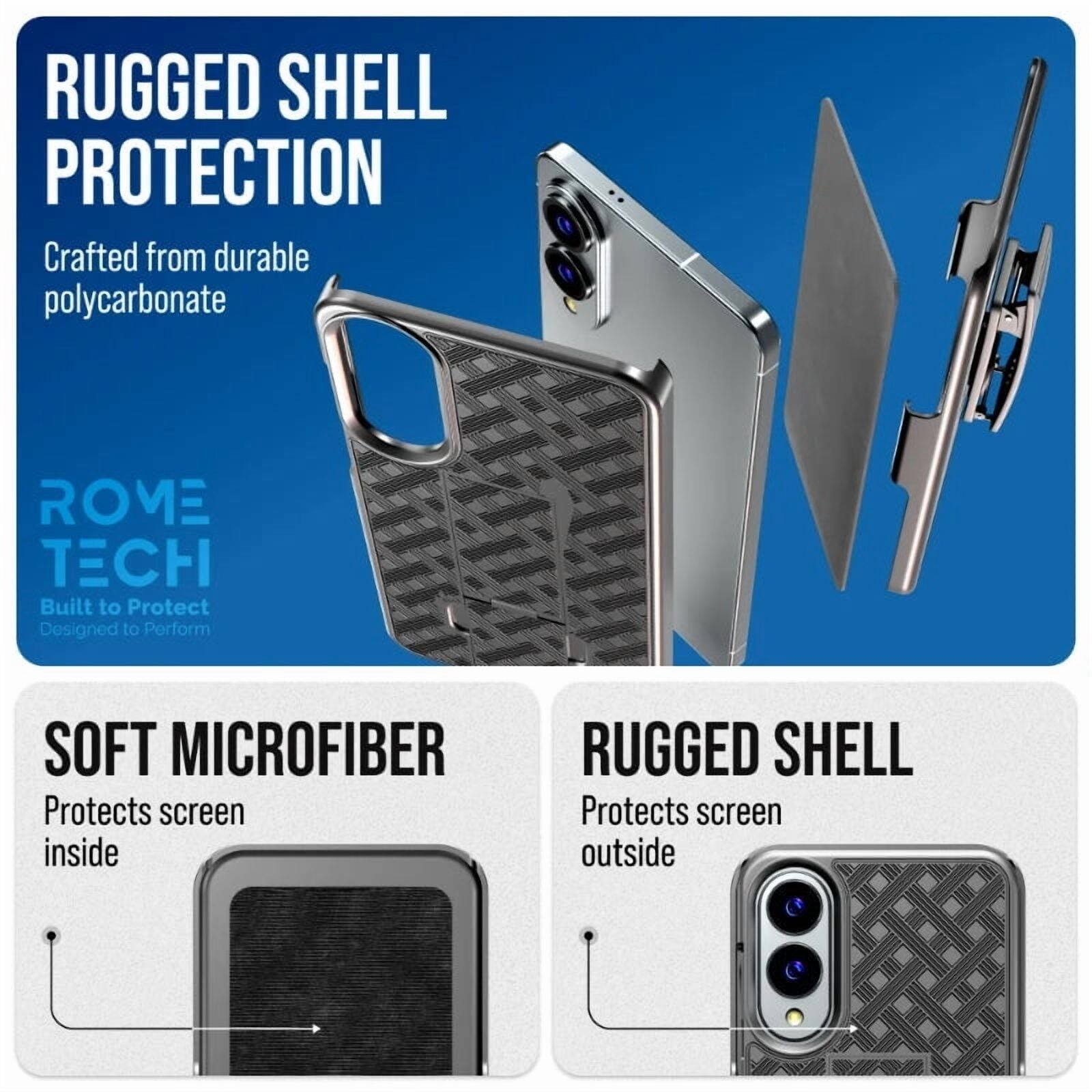 RUGGED SHELL PROTECTION  
Crafted from durable polycarbonate  

SOFT MICROFIBER  
Protects screen inside  

RUGGED SHELL  
Protects screen outside