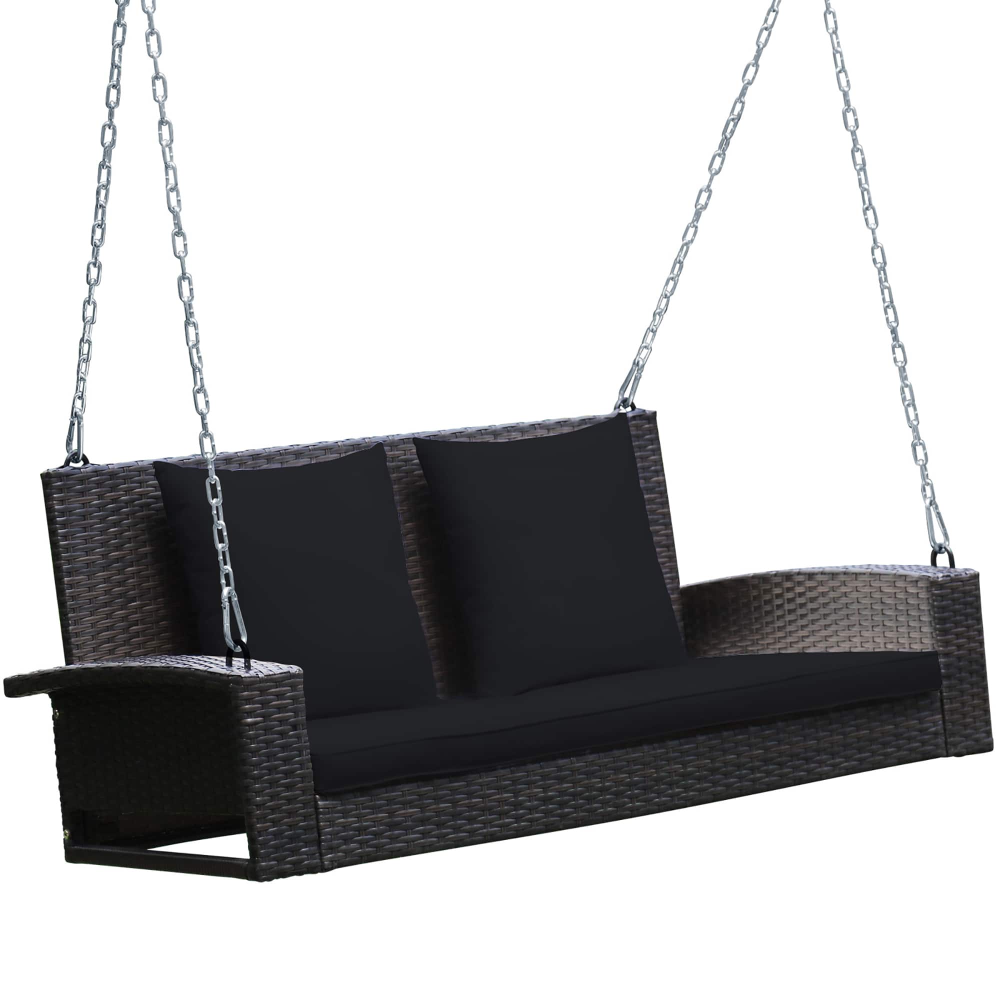 Costway - 2-Person Patio Rattan Hanging Porch Swing Bench Chair Cushion - Black