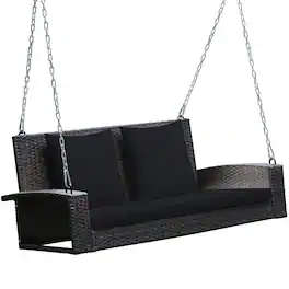 Costway - 2-Person Patio Rattan Hanging Porch Swing Bench Chair Cushion - Black