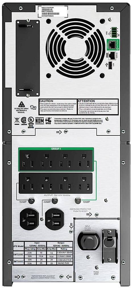 - 11 MT3000C 555434730423 EPO CAUTION ATTENTION X 1k 17 120 SEE OWNER'S MANUAL SE UL NOM LITE NYCE LES eC B5C GROUP 1 OUTPUT 10/120V 5060H 15AMP 20AMP 15AMP OVERLOAD PHOTECTOR PUSH TO RESET INPUT VOCheN 5060r Input OUSuS UPS Mode 120VAC 50/60MA S2OVAC 50/60MA Plug rating Amp Max Amp Max Rating 20A 16 16 2NVA MT2200C 3 18.4 184 2.2WA/ESoAs 24 24 2.88V/27kW SMT3000C 50A 3 25 FOR BATTERY REPLACEMENT ALMOVE LOWER FRONT PANEL TVSS GND