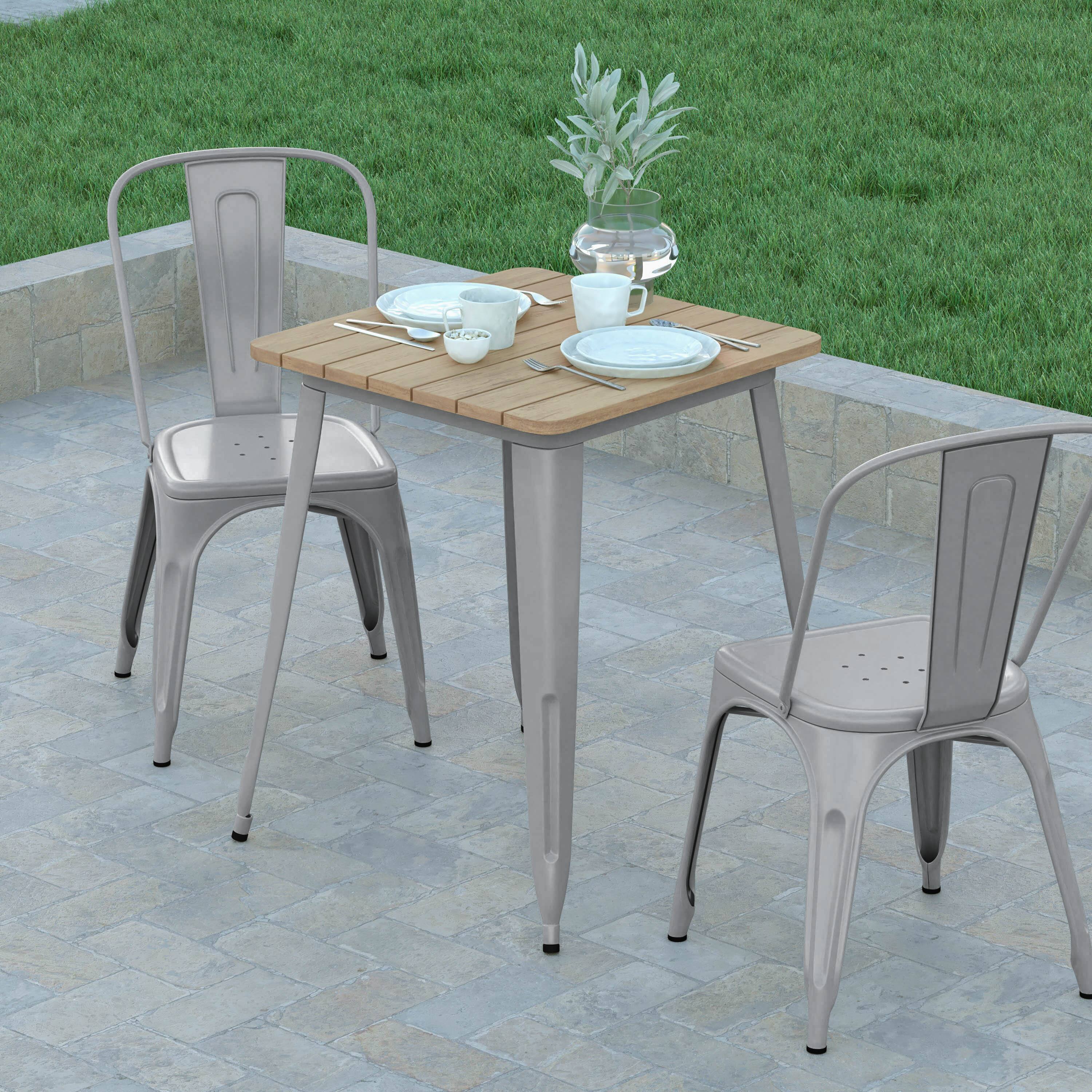 Alt View 3. Emma + Oliver - Drew Indoor/Outdoor Dining Table, 23.75" Square All Weather Poly Resin Top with Steel Base - Brown Top/Silver Frame.