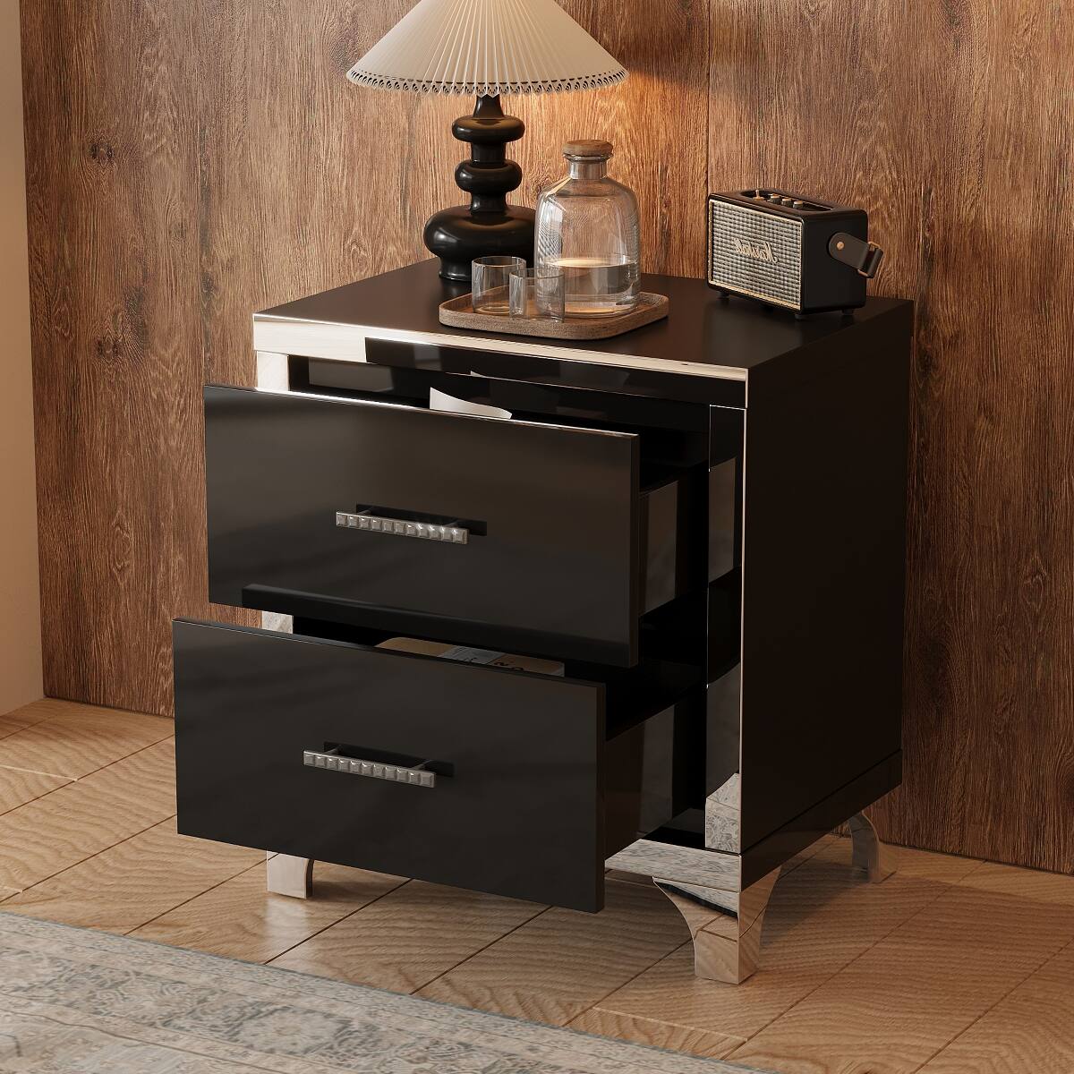 Angle. Loheer - Loheer Black Two Drawer Nightstand, High Gloss Mirrored Bedside Table - Black.