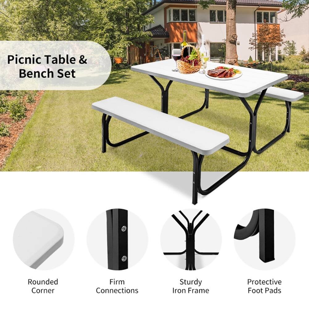 Picnic Table & Bench Set

- Rounded Corner
- Firm Connections
- Sturdy Iron Frame
- Protective Foot Pads