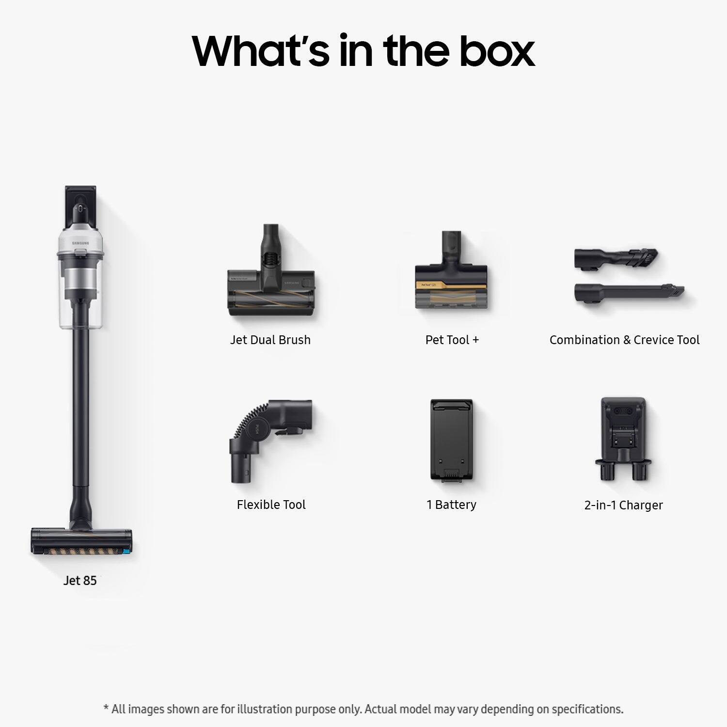 What's in the box: Jet Dual Brush, Pet Tool, Combination & Crevice Tool, Flexible Tool, 1 Battery, 2-in-1 Charger, Jet 85. All images shown are for illustration purposes only. Actual model may vary depending on specifications.