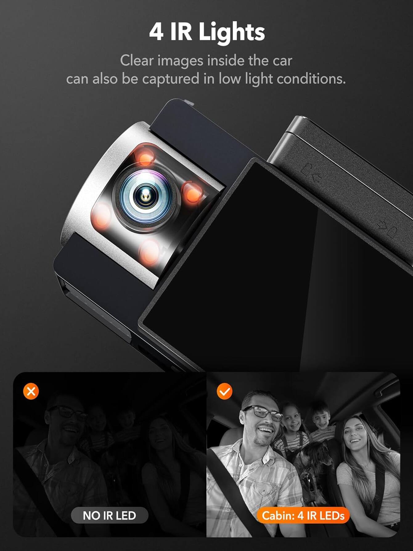 4 IR Lights

Clear images inside the car can also be captured in low light conditions.

NO IR LED

Cabin: 4 IR LEDs