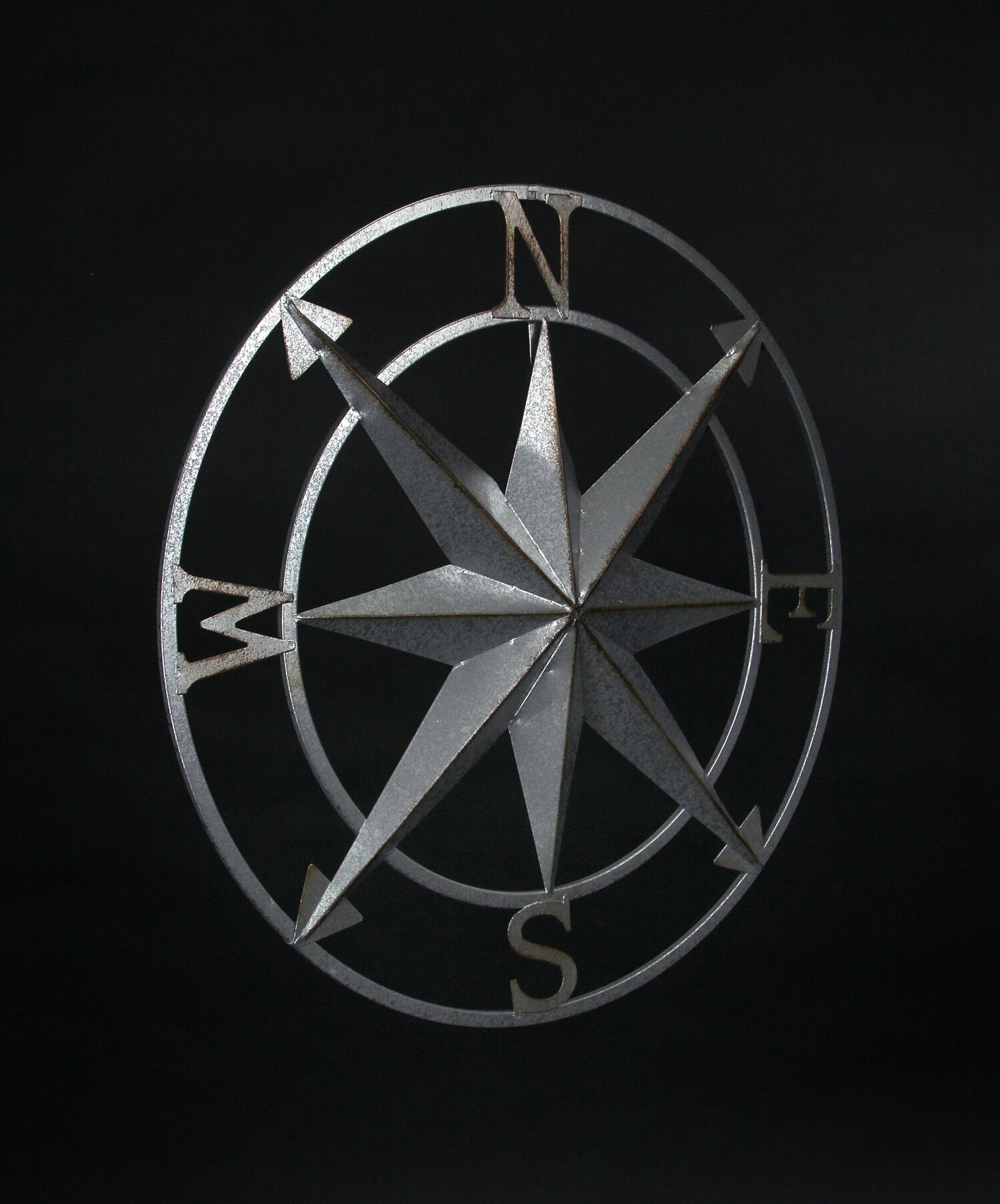 Alt View 2. Zeckos - Galvanized Zinc Finish Metal Compass Rose Wall Hanging 20.5 Inch Diameter - Silver.