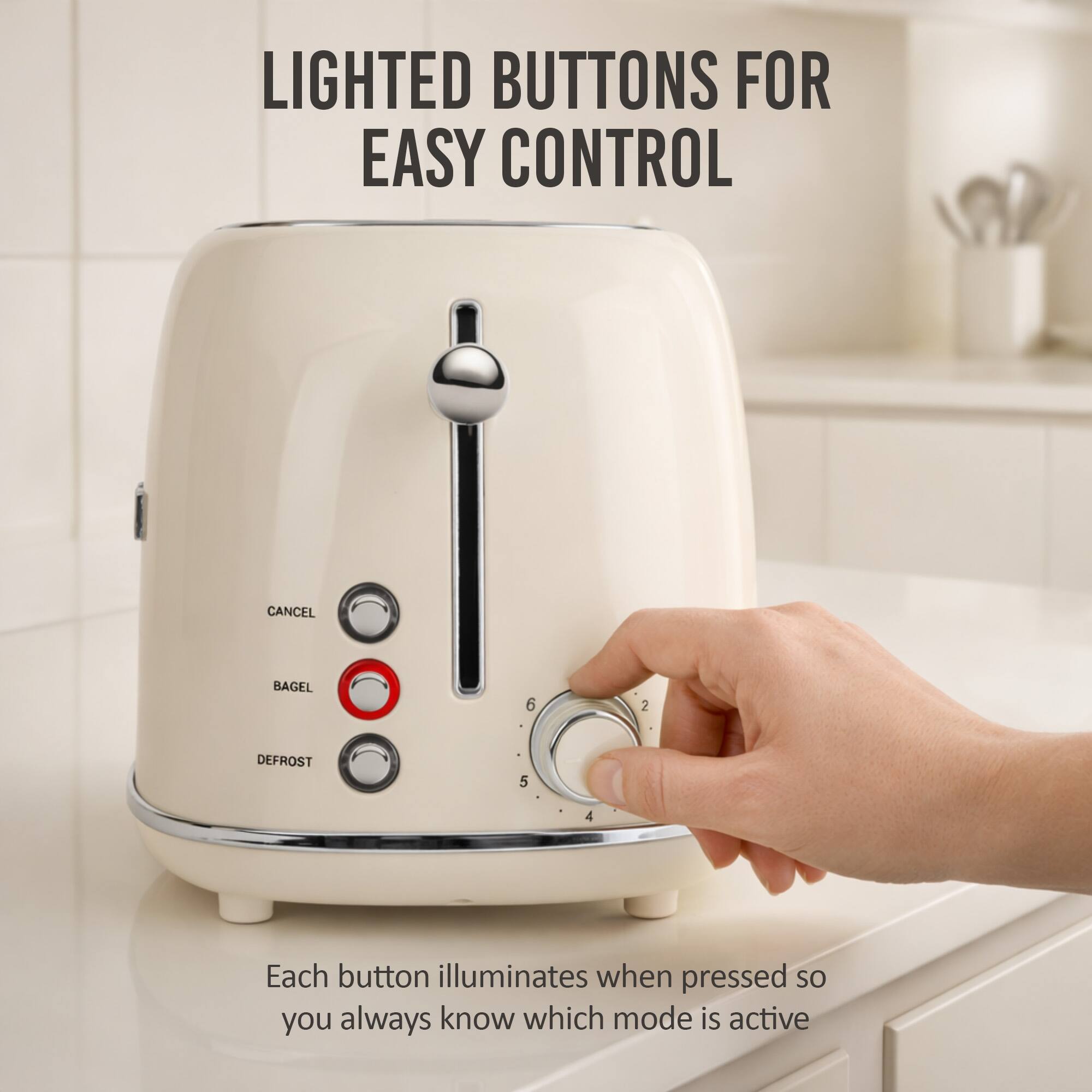 LIGHTED BUTTONS FOR EASY CONTROL

CANCEL BAGEL 6 2 DEFROST 5 4

Each button illuminates when pressed so you always know which mode is active