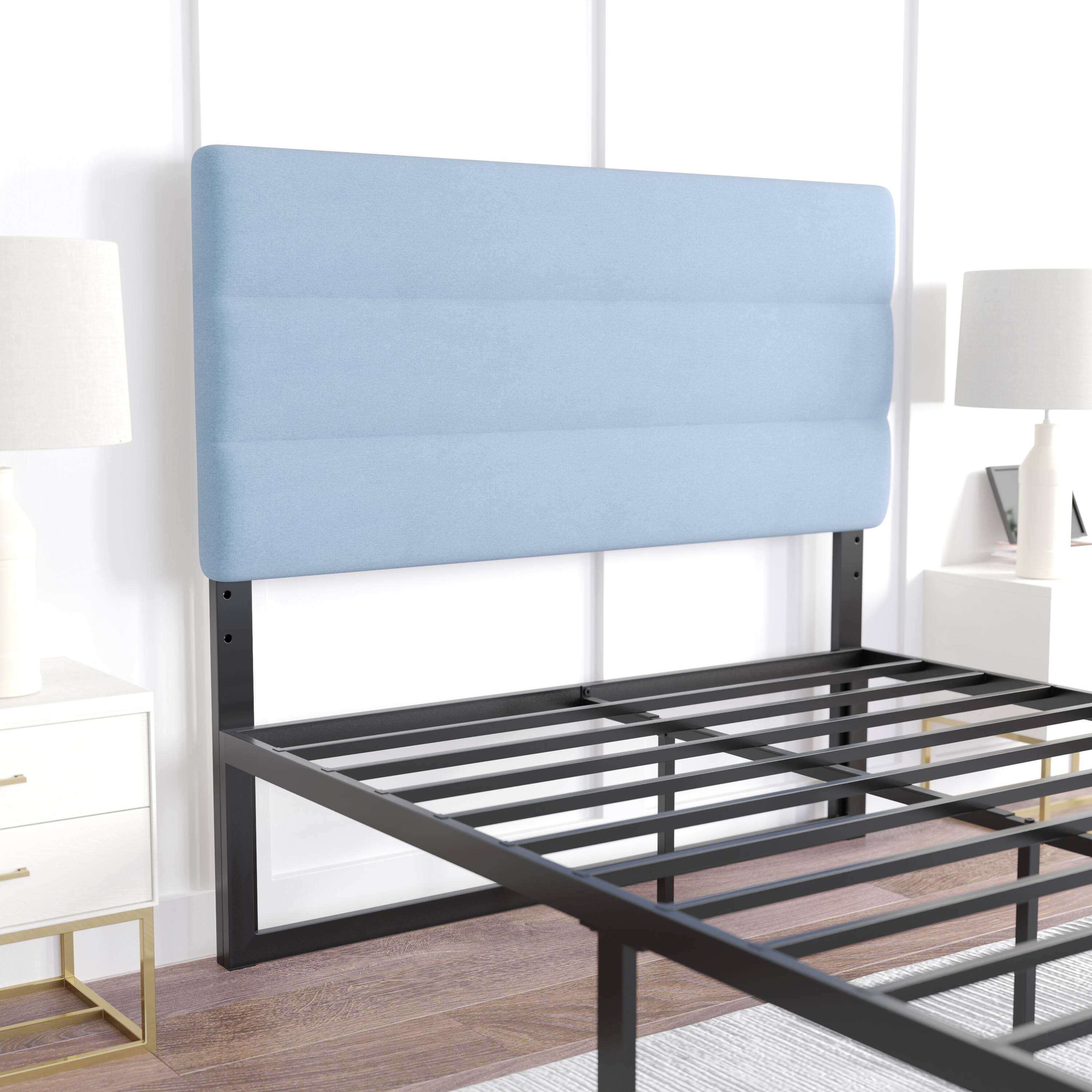Alt View 3. Emma + Oliver - Gannon Modern Upholstered Headboard with Horizontal Line Stitching and Adjustable Height Rails - Blue.