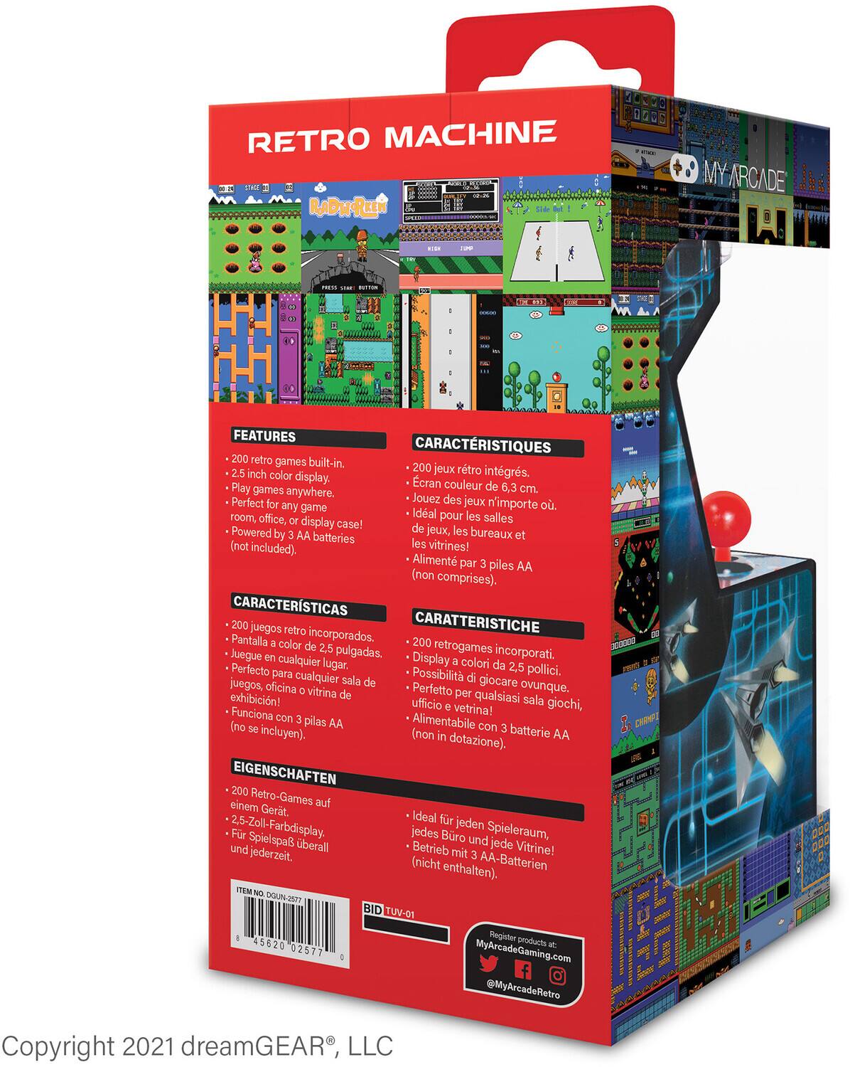 **RETRO MACHINE**

**FEATURES**
- 200 retro games built-in.
- 2.5 inch color display.
- Play games anywhere.
- Perfect for any game room, office, or display case!
- Powered by 3 AA batteries (not included).

**CARACTERÍSTICAS**
- 200 juegos retro incorporados.
- Pantalla a color de 2.5 pulgadas.
- Juega en cualquier lugar.
- Perfecto para cualquier sala de juegos, oficina o vitrina!
- Funciona con 3 pilas AA (no incluyen).

**CARACTÉRISTIQUES**
- 200 jeux rétro intégrés.
- Ecran couleur de 6,3 cm.
- Jouez des jeux n'importe où.
- Idéal pour les salles de jeux, les bureaux et les vitrines!
- Alimenté par 3 piles AA (non comprises).

**CARATTERISTICHE**
- 200 giochi retro incorporati.
- Display a colori da 2,5 pollici.
- Possibilità di giocare ovunque.
- Perfetto per qualsiasi sala giochi, ufficio o v