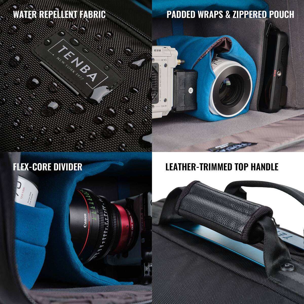 WATER REPELLENT FABRIC  
PADDED WRAPS & ZIPPERED POUCH  
FLEX-CORE DIVIDER  
LEATHER-TRIMMED TOP HANDLE