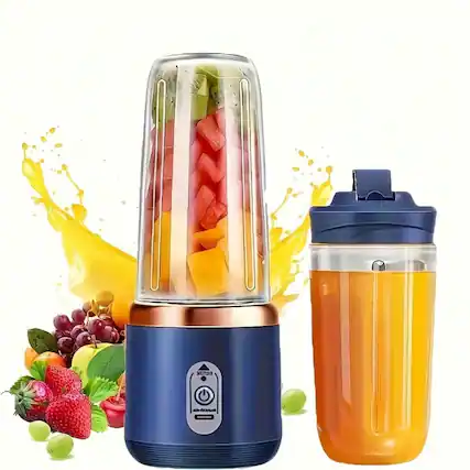 Front. PRIMEPLUS - Portable Blender with 2 Cups, 400ml Personal Smoothie Maker, 6-Leaf 304 Stainless Steel Blade, 1500mAh USB Rechargeable - Blue.
