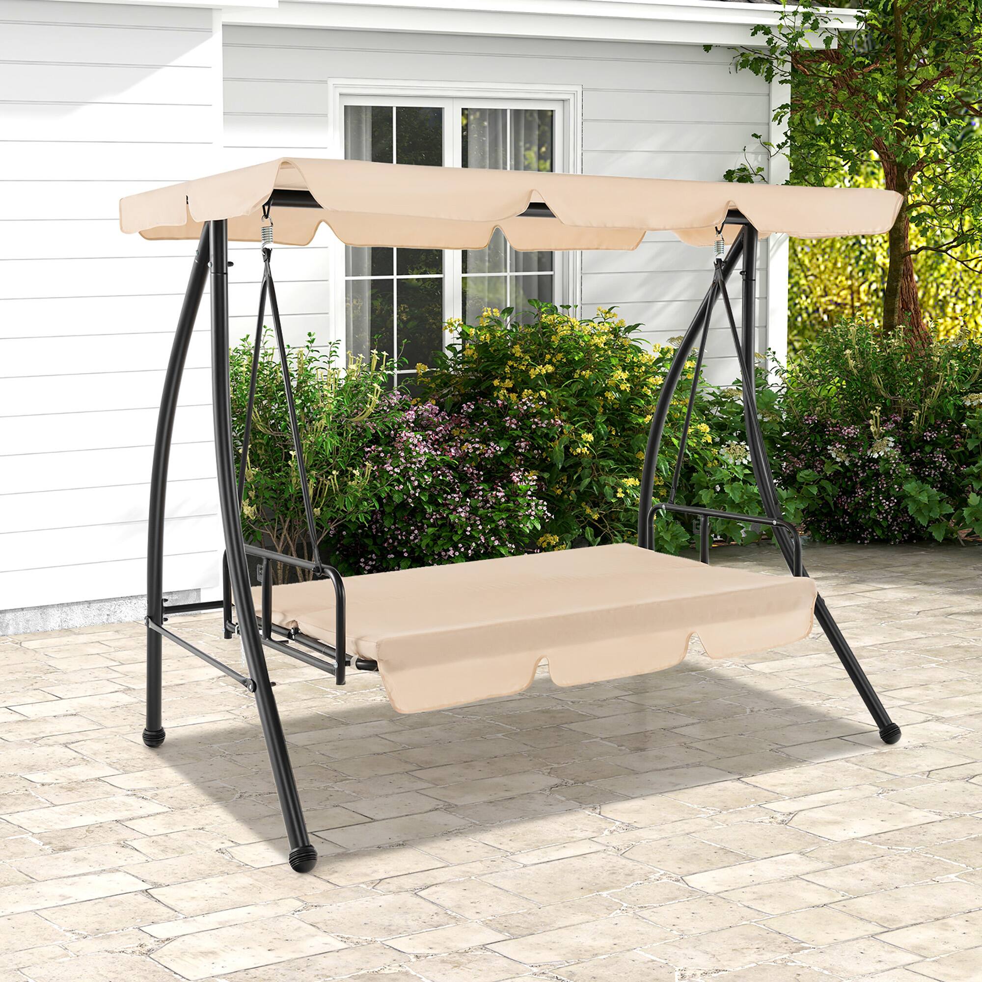 Alt View 3. Gymax - Gymax Outdoor Swing Chair Glider Patio Hammock Converting Flatbed w/ Adjustable Canopy - Beige.