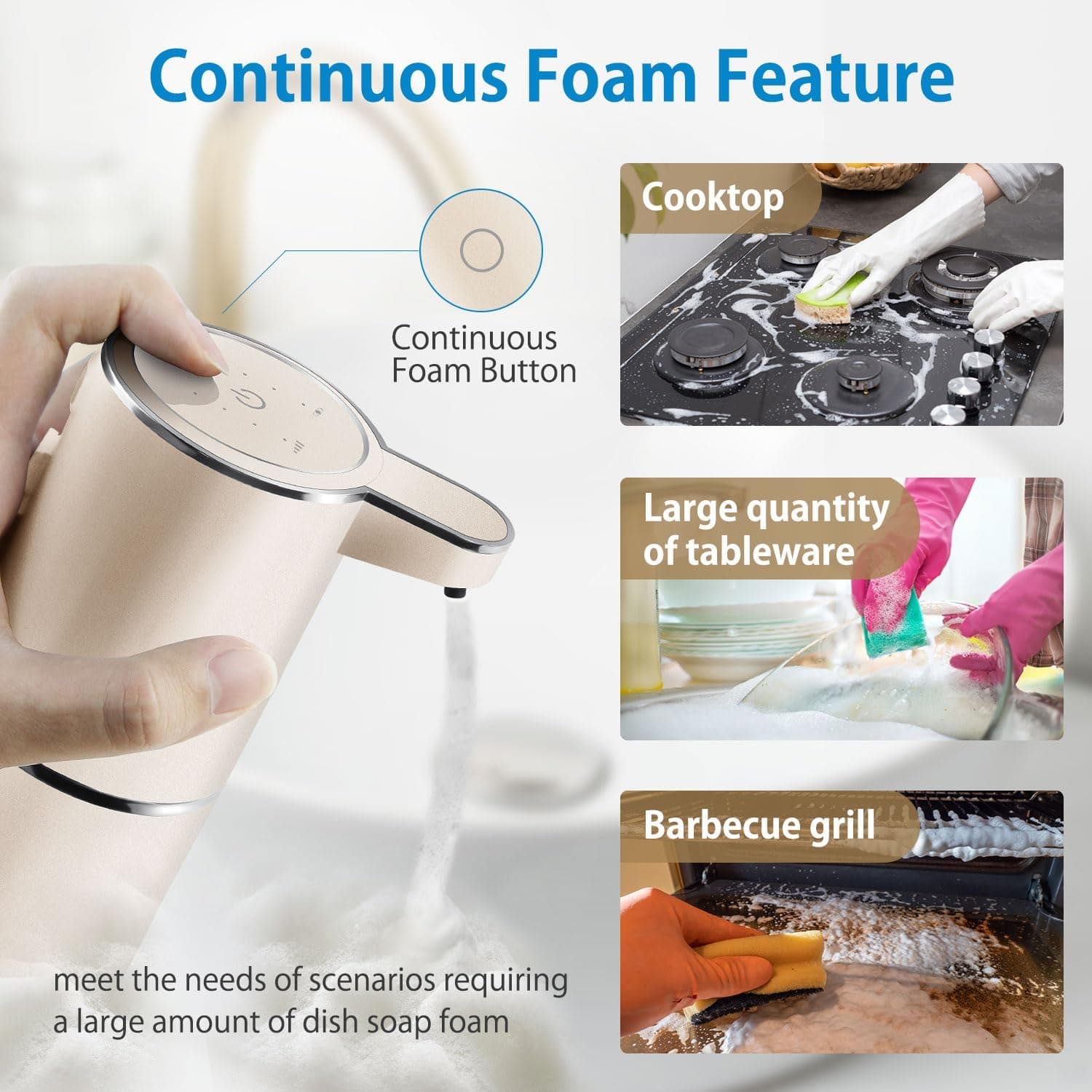 Continuous Foam Feature

- Continuous Foam Button
- Cooktop
- Large quantity of tableware
- Barbecue grill

meet the needs of scenarios requiring a large amount of dish soap foam
