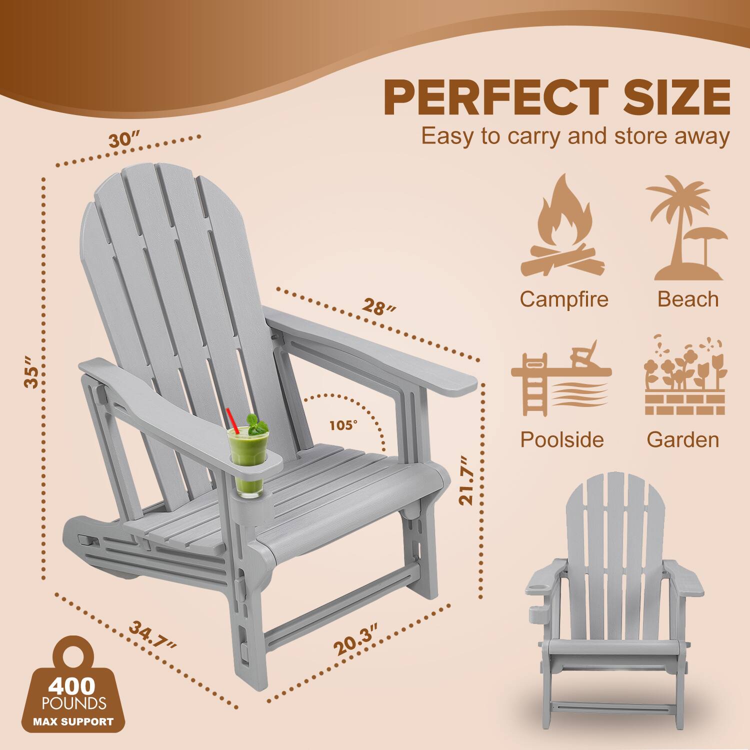 PERFECT SIZE, Easy to carry and store away, 30", 28", Campfire, Beach, 35", 105, 21.7", Poolside, Garden, 34.7", 400 POUNDS MAX SUPPORT, 20.3"