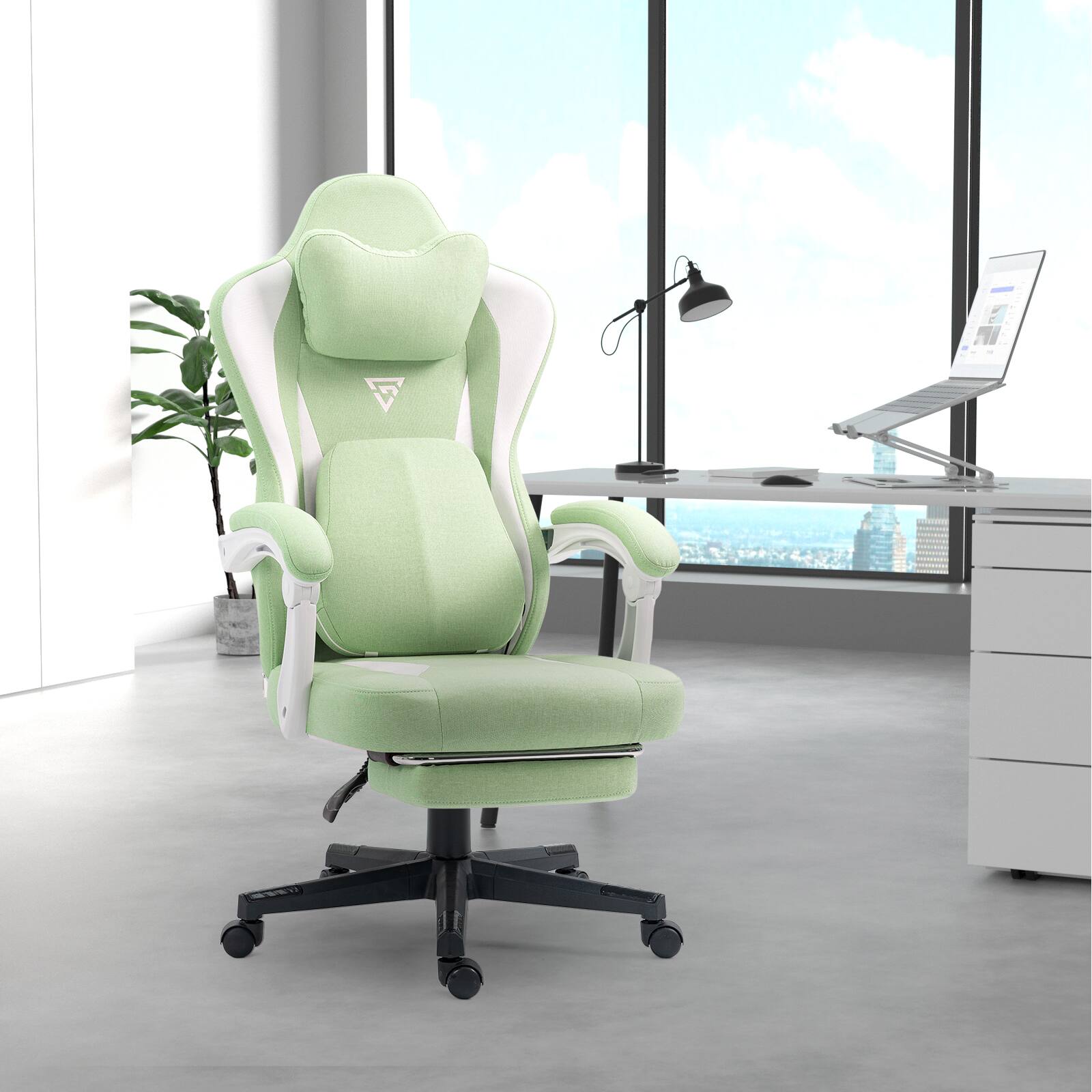Front. PexFix - Heated Massage Gaming Chair, Ergonomic PC Chair with Pocket Spring Cushion, Footrest & 330lbs Capacity - Green.