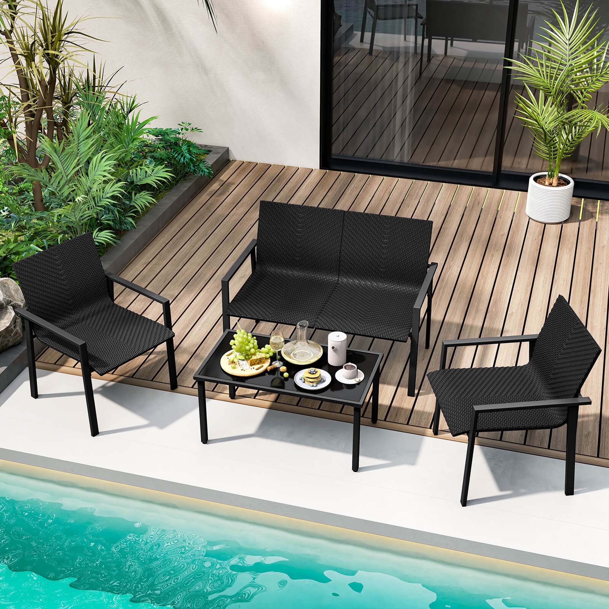 Alt View 1. Costway - 4 PCS Outdoor Wicker Patio Furniture Set w/ Heavy-Duty Galvanized Metal Frame - Black.