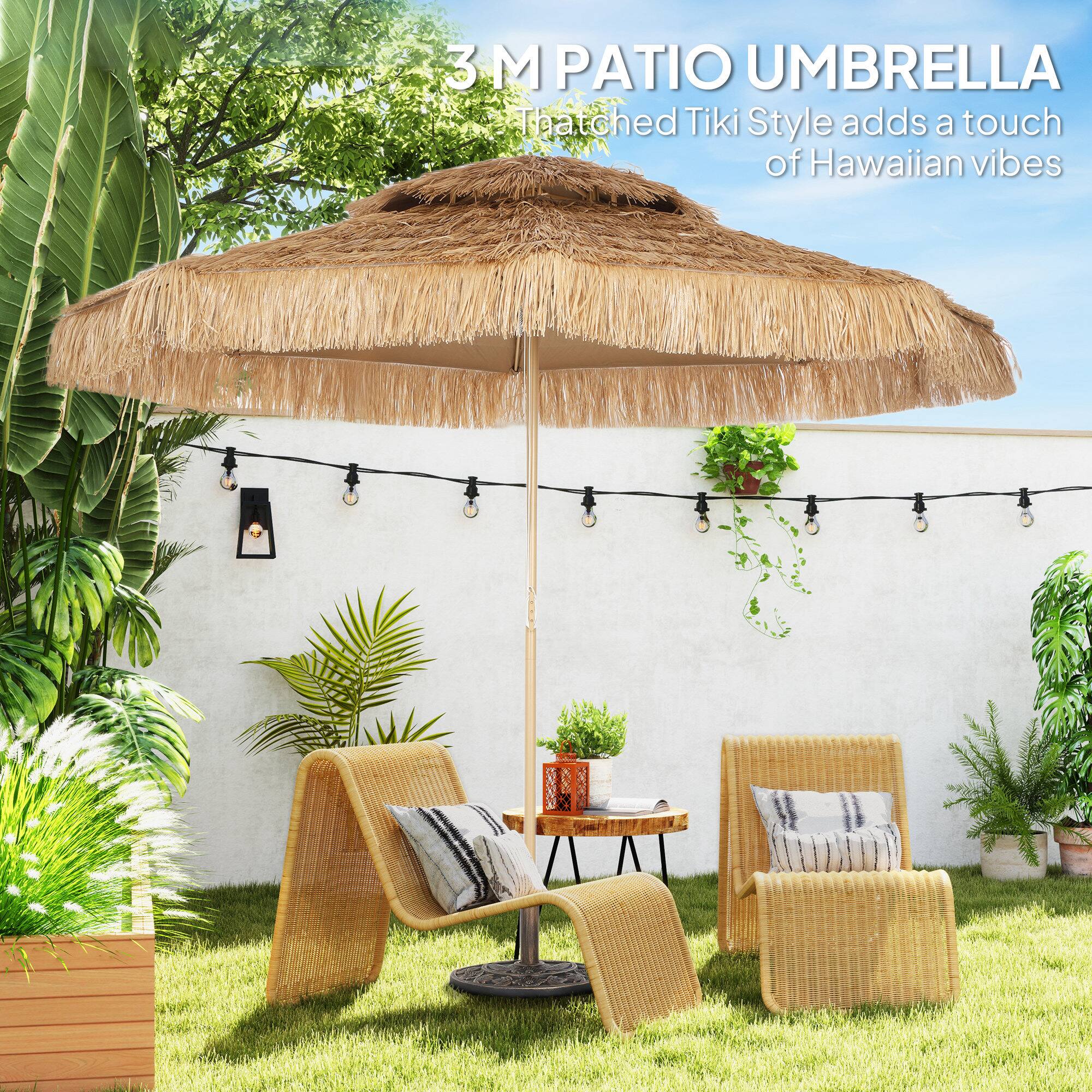 3M Patio Umbrella  
Thatched Tiki Style adds a touch of Hawaiian vibes