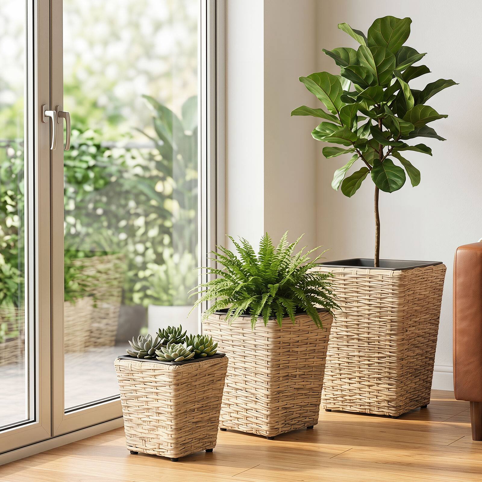 Alt View 4. Costway - Costway 3PCS Rattan Planter Box Kit with Removable Plastic Liners for Indoor Outdoor Plants - Natural.