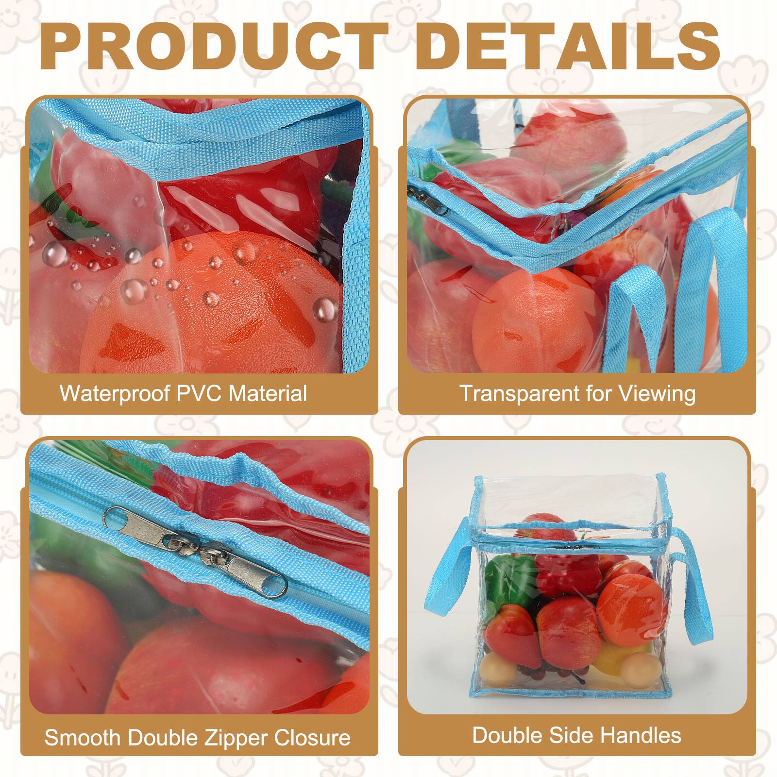 PRODUCT DETAILS

- Waterproof PVC Material
- Transparent for Viewing
- Smooth Double Zipper Closure
- Double Side Handles