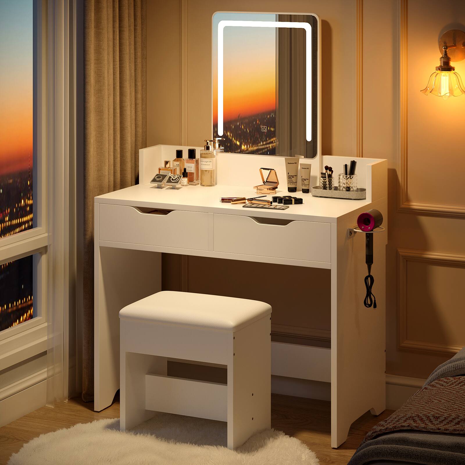 Back. Bestier - Vanity Desk Set with 3-Mode Lighted Mirror, 2 Storage Drawers, Hair Dryer Holder & Edge Safety Guard - White.
