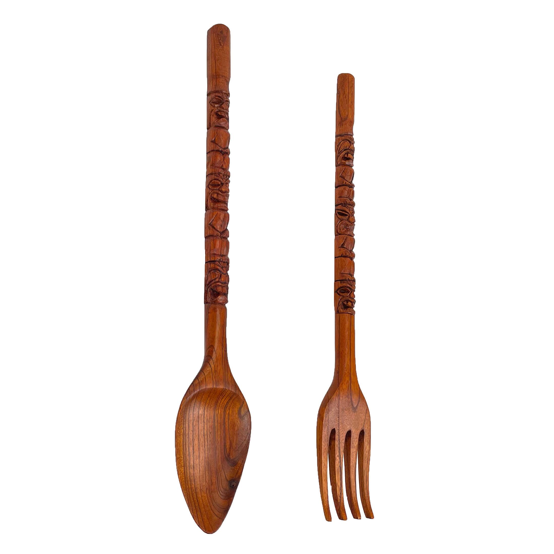 Alt View 1. Zeckos - 30 Inch Carved Tiki Spoon & Fork Wooden Wall Decor Art Utensil Decoration Set - Brown.
