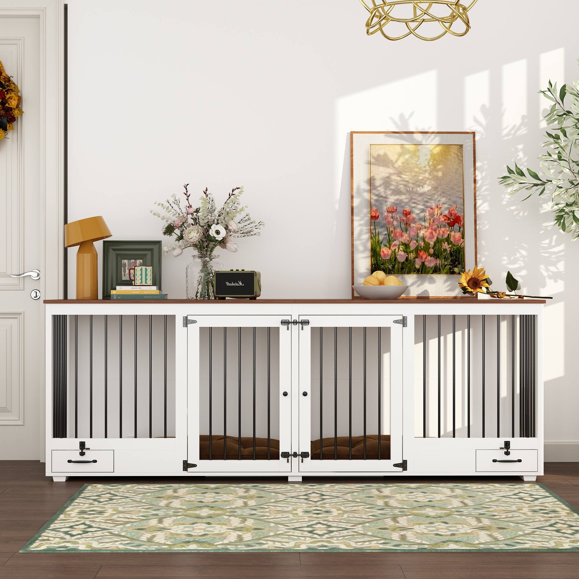 Alt View 4. FUFU & GAGA - Furniture-Style Dual-Dog Crate Console - Convertible Kennel Pull-Out Feeder & Storage.