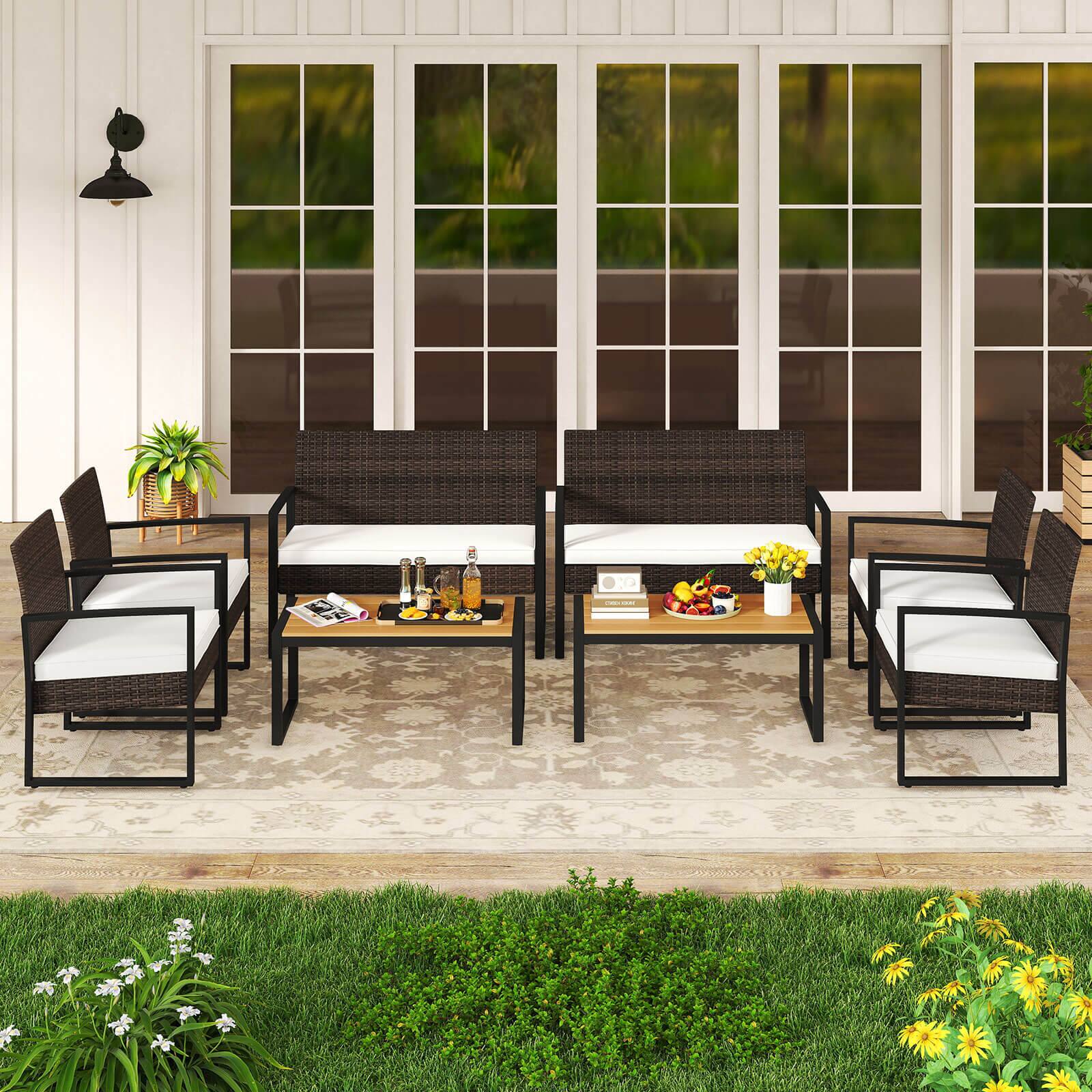 Alt View 1. Costway - Costway 8 Piece Patio Furniture Set with Cushioned Chairs & Wood Plastic Coffee Table - Off White.