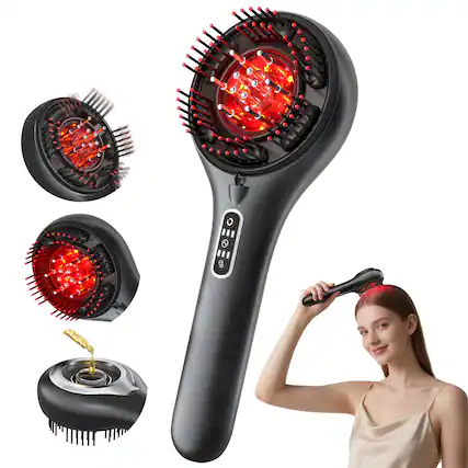 Front. Morfone - 6 EMS roller balls + 650nm red light massage comb.With Scalp massager and liquid applicator red light electric comb. - Black.