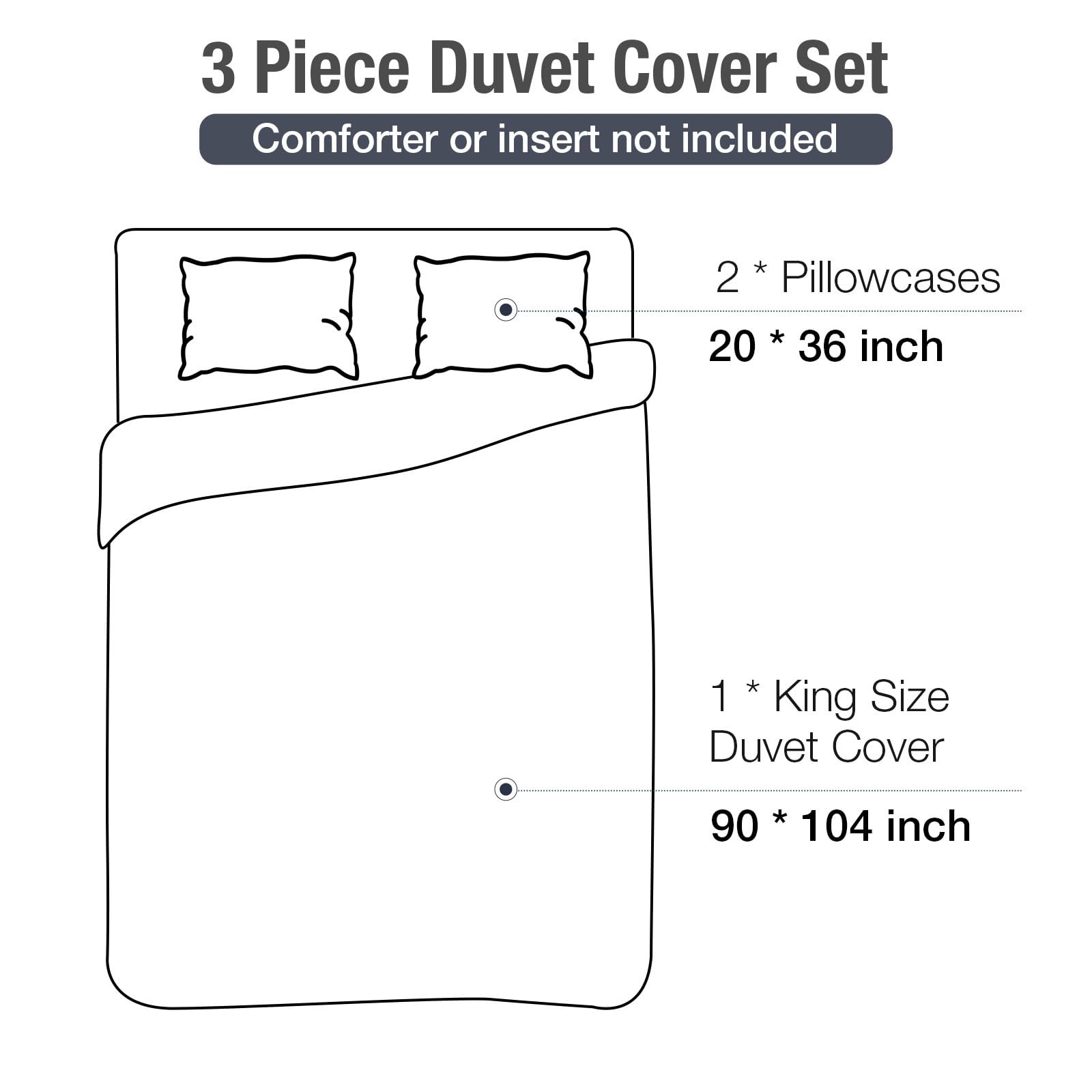 3 Piece Duvet Cover Set  
Comforter or insert not included  

2 * Pillowcases  
20 * 36 inch  

1 * King Size Duvet Cover  
90 * 104 inch