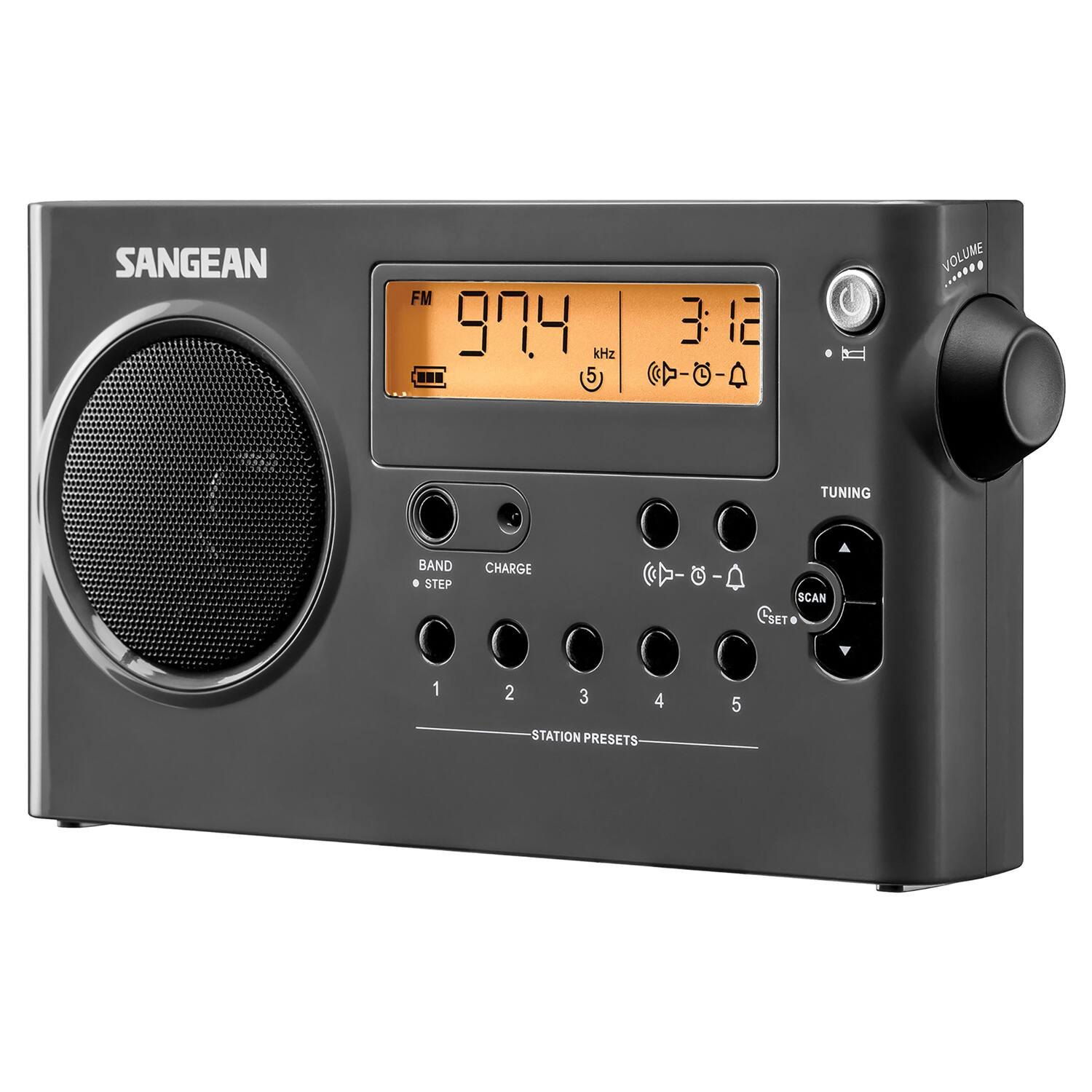 SANGEAN FM 97.4 3:12 kHz 5 C-0-A i VOLUME ....... TUNING BAND STEP CHARGE C-8-4 I SCAN SET 1 2 3 4 5 STATION PRESETS