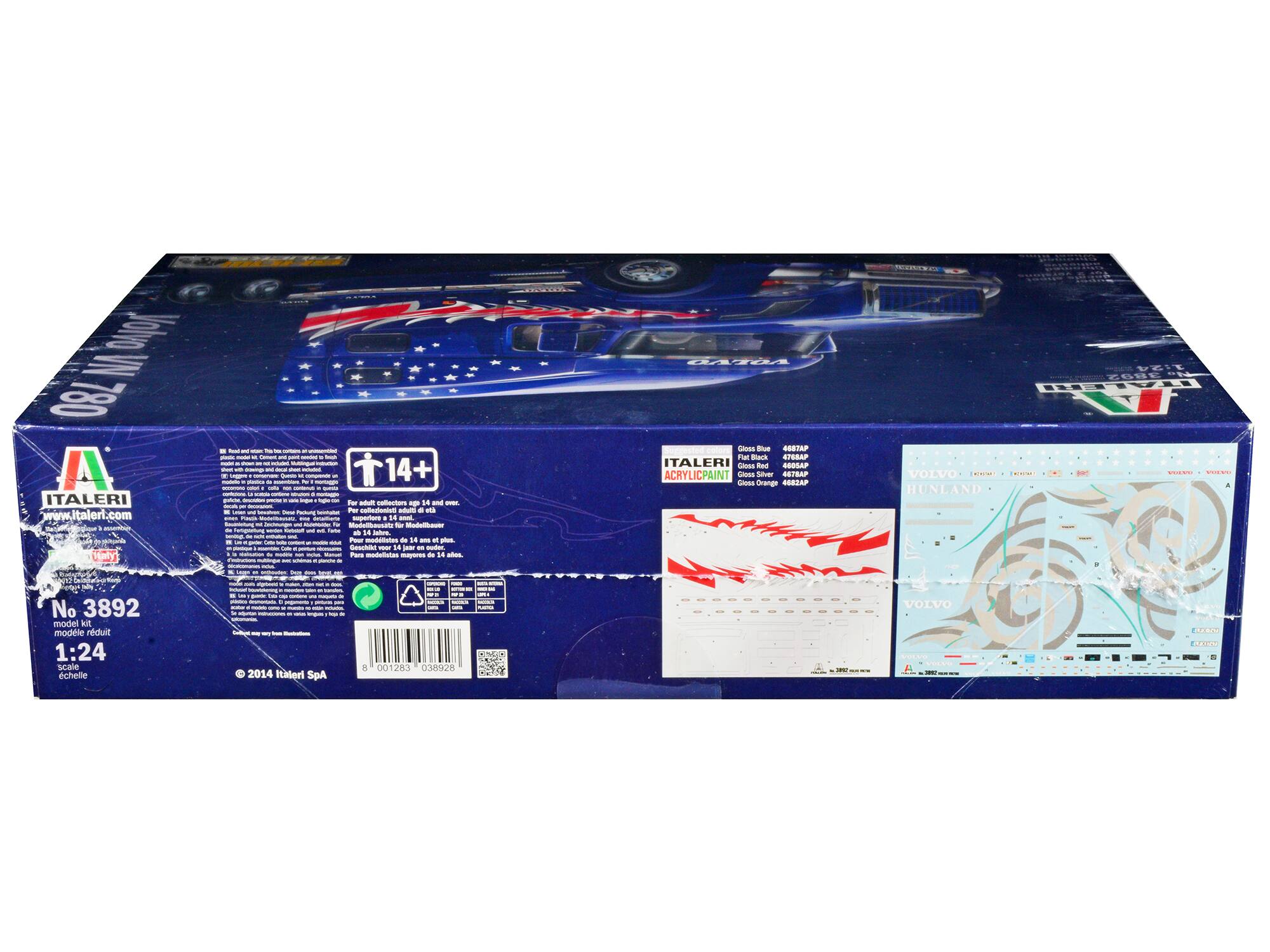 Sure, here is the corrected and grouped text from the image:

---

**ITALERI**  
www.italeri.com

**No 3892**  
model kit  
1:24 scale  
echelle

**For**  
adult collectors  
14+  
Per modellisti di 14 anni e oltre  
Pour collectionneurs adultes de 14 ans et plus  
Para modelistas mayores de 14 años

**ITALERI**  
Acrylic Paint  
Gloss Blue 4699AP  
Flat Black 4788AP  
Gloss Red 4808AP  
Gloss Orange 4682AP

**HUNLAND**  
VOLVO

**© 2014 Italeri SpA**  
CRNOS MAT SAVSS - CEEINP

**Barcode:** 8 001283 001283  
**Article No:** 336626

---

This text is organized to reflect the information found on the packaging of the model kit.