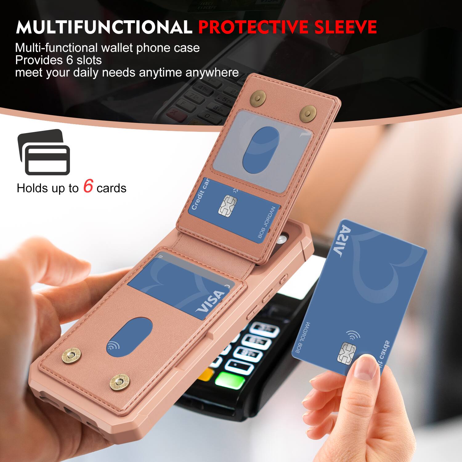 CEOC | MULTIFUNCTIONAL PROTECTIVE SLEEVE

Multi-functional wallet phone case
Provides 6 slots
meet your daily needs anytime anywhere

Holds up to 6 cards

Credit card
VISA