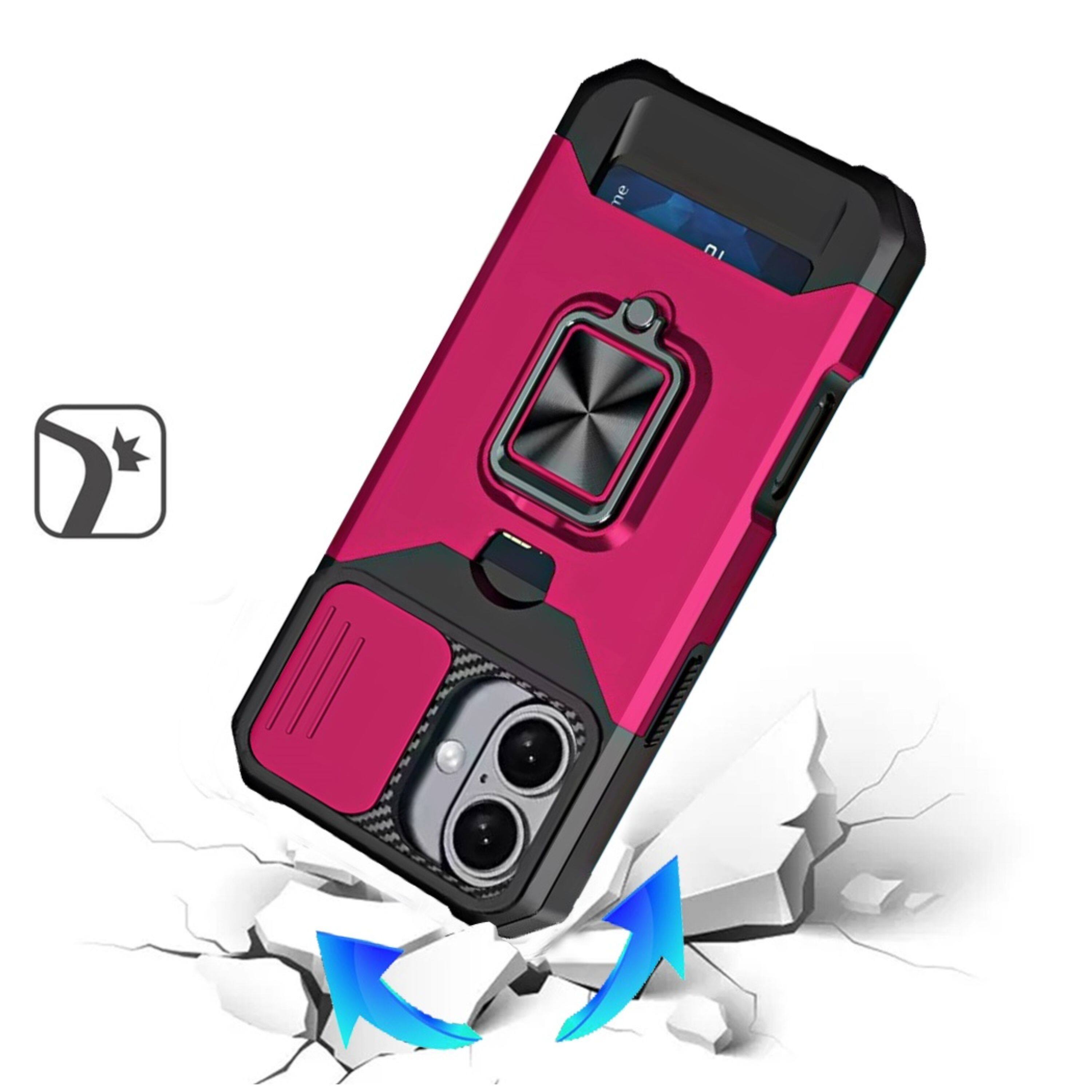 Angle. Kitcheniva - Multi-Use Card Holder Stand Phone Case With Lens Cover Tempered Glass For iPhone 17 Hot Pink - Hot Pink.