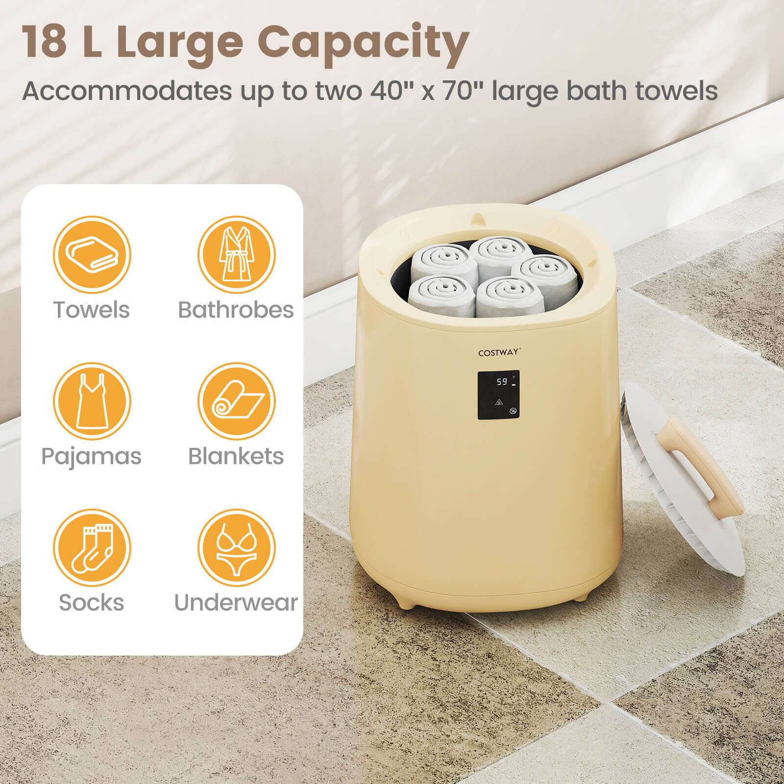 18 L Large Capacity  
Accommodates up to two 40" x 70" large bath towels  

- Towels  
- Bathrobes  
- Pajamas  
- Blankets  
- Socks  
- Underwear