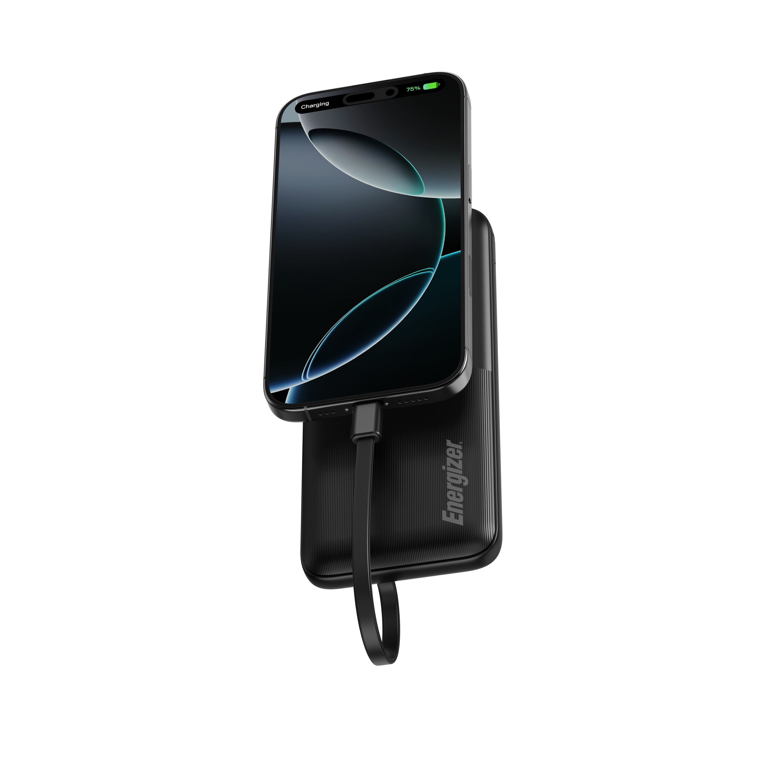 The Energizer phone charger is black and silver in color.