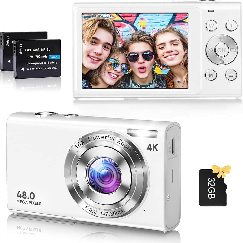 ACJPR - 4K Digital Camera, 48MP, 16X Zoom, Autofocus, Anti-Shake, 32GB Card, White