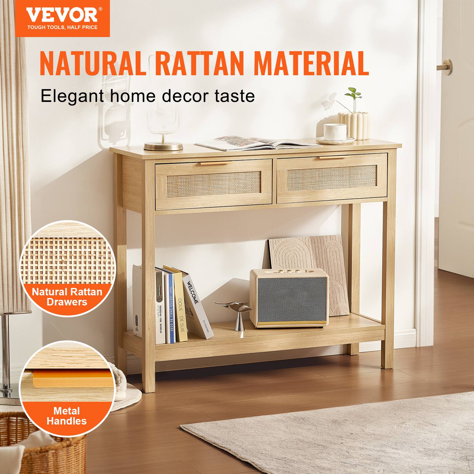 VEVOR  
TOUGH TOOLS, HALF PRICE  

NATURAL RATTAN MATERIAL  
Elegant home decor taste  

Natural Rattan Drawers  
Metal Handles