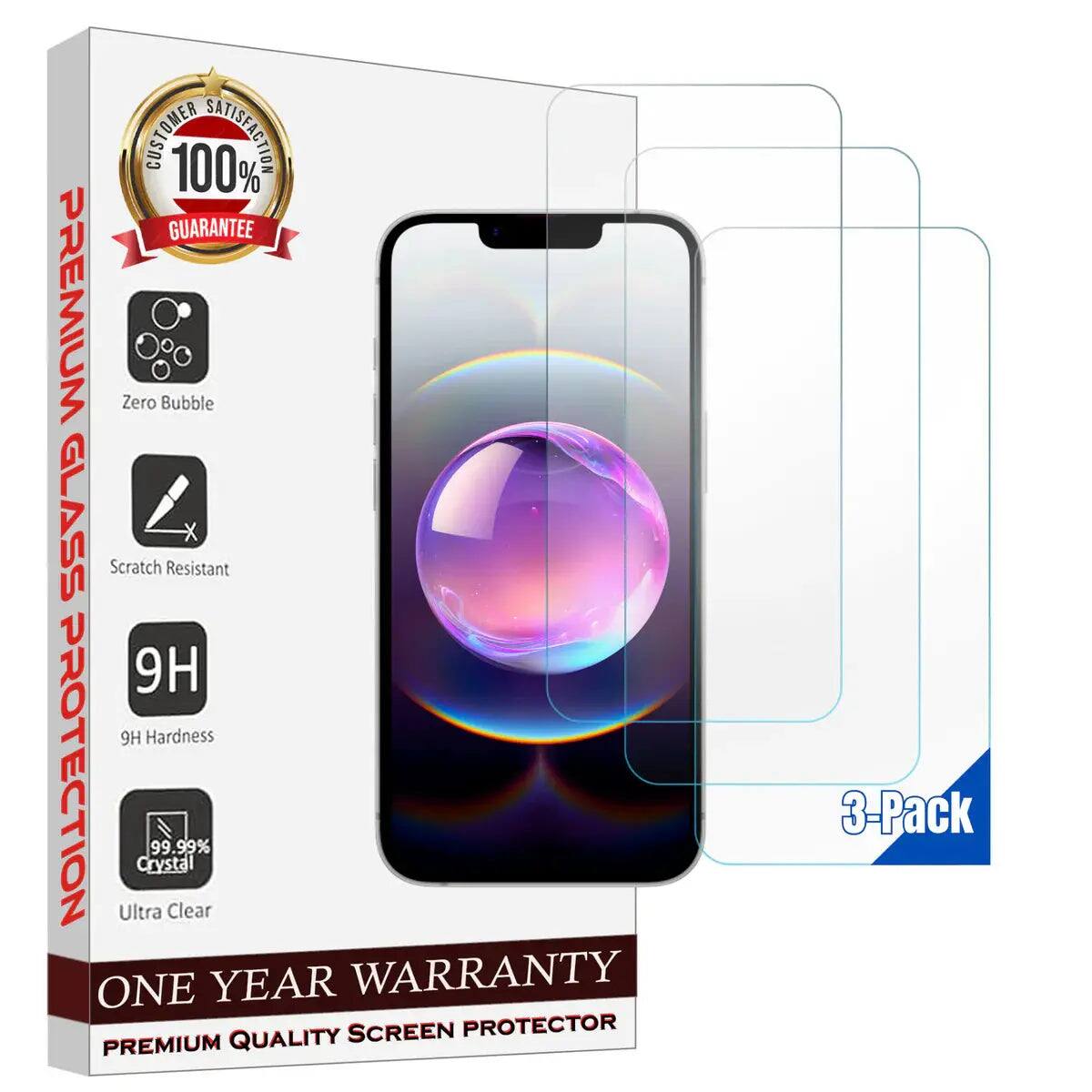 CUSTOMER 100% SATISFACTION GUARANTEE PREMIUM Zero Bubble GLASS Scratch Resistant 9H 9H Hardness PROTECTION ONE Ultra Crystal 99.99% Clear YEAR SCREEN WARRANTY PROTECTOR PREMIUM QUALITY 3-Pack