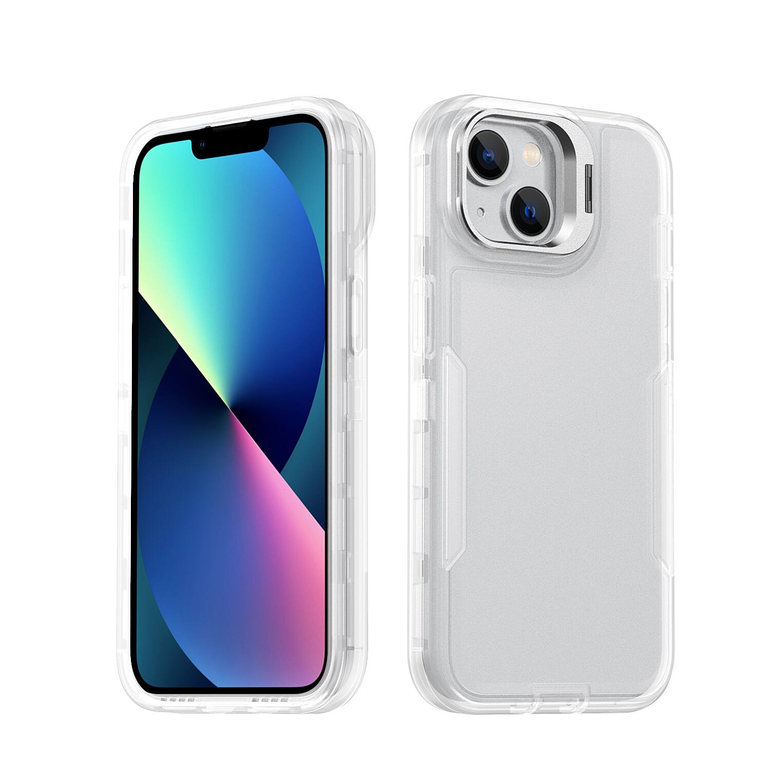 Angle. Dteck - For Apple iPhone 17e/16e/14/13 Rugged Case, Heavy Duty Dual Layer Shockproof Lens Kickstand Drop Protection Cover - Clear.