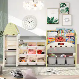GOODSILO - Kids Bookshelf Toy Storage Organizer with 17 Bins & 5 Shelves, Multi-Functional Nursery Furniture Set - Light Green