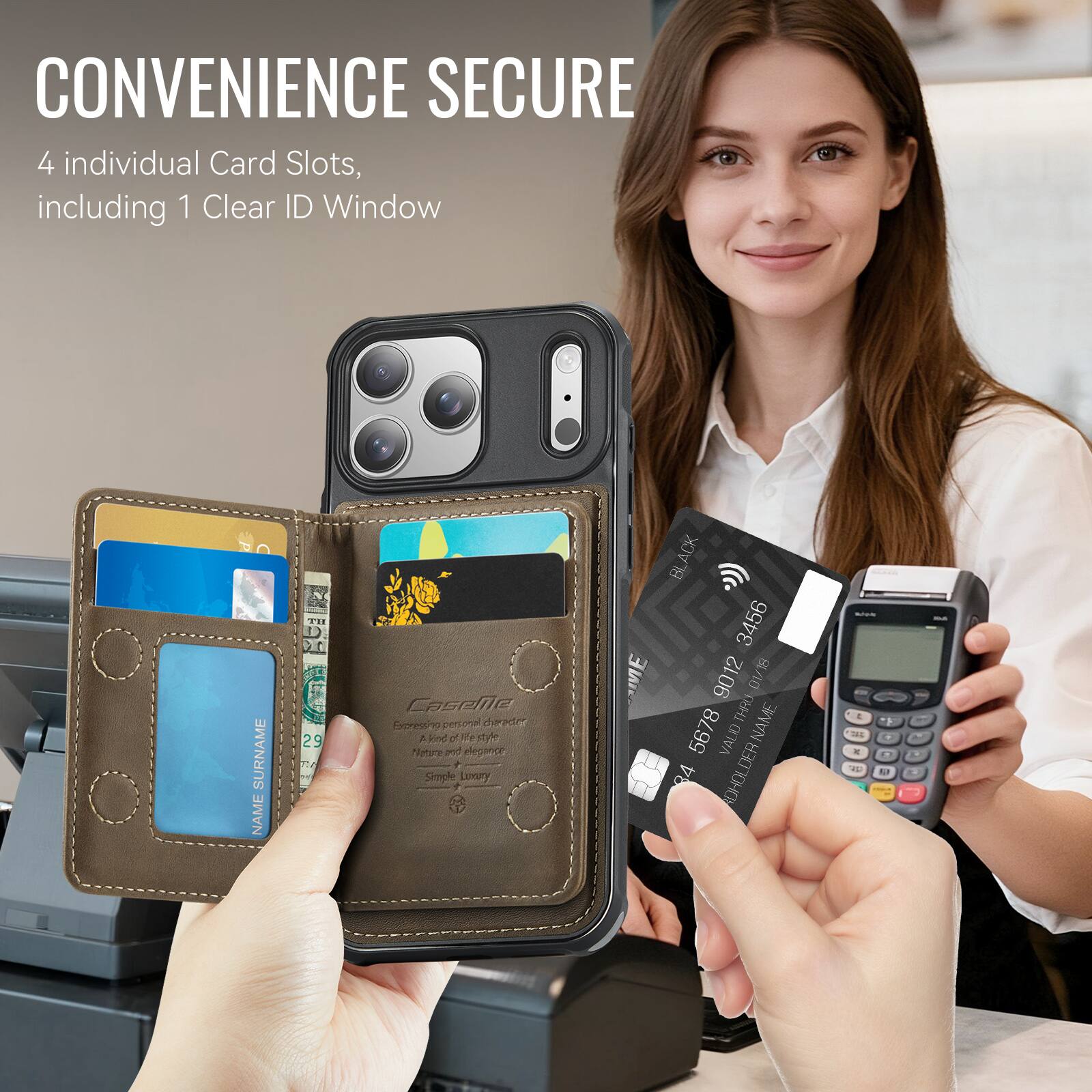 CONVENIENCE SECURE  
4 individual Card Slots, including 1 Clear ID Window  

SURNAME NAME  
P 1 Dr 29 TA  
Coseille Dns persoral  

A kind of te styl Natre and glegance F Simple Lapry  

ME ACK BL 3456 9012 01/18 DV THRO  
NAME 5678 D VALID 84 ADHOLDER