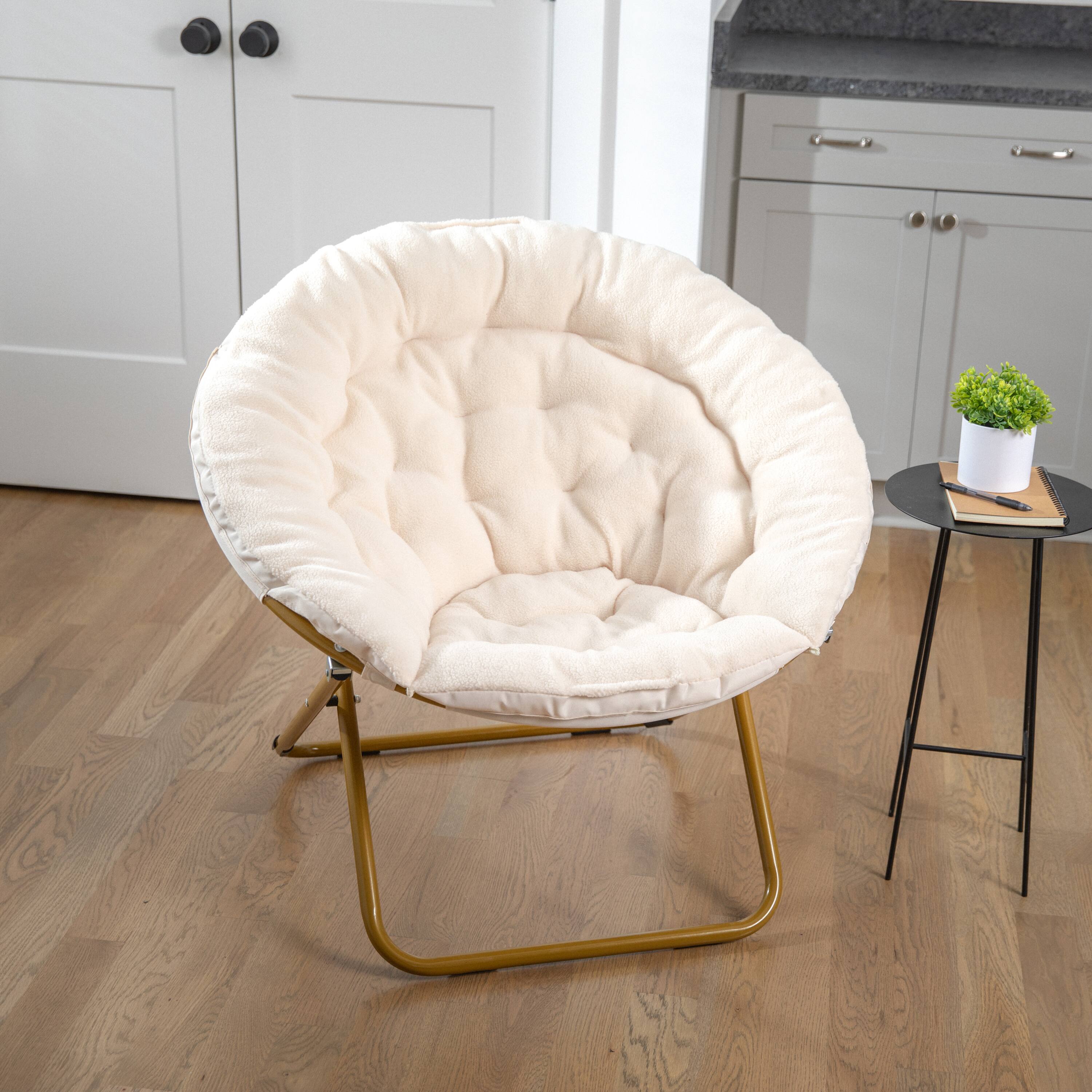 Alt View 1. Emma + Oliver - Ersa Oversize Folding Saucer Chair with Cozy Faux Fur Cushion and Metal Frame for Dorms, Bedrooms, Apartments and More - Ivory Sherpa/Soft Gold Frame.