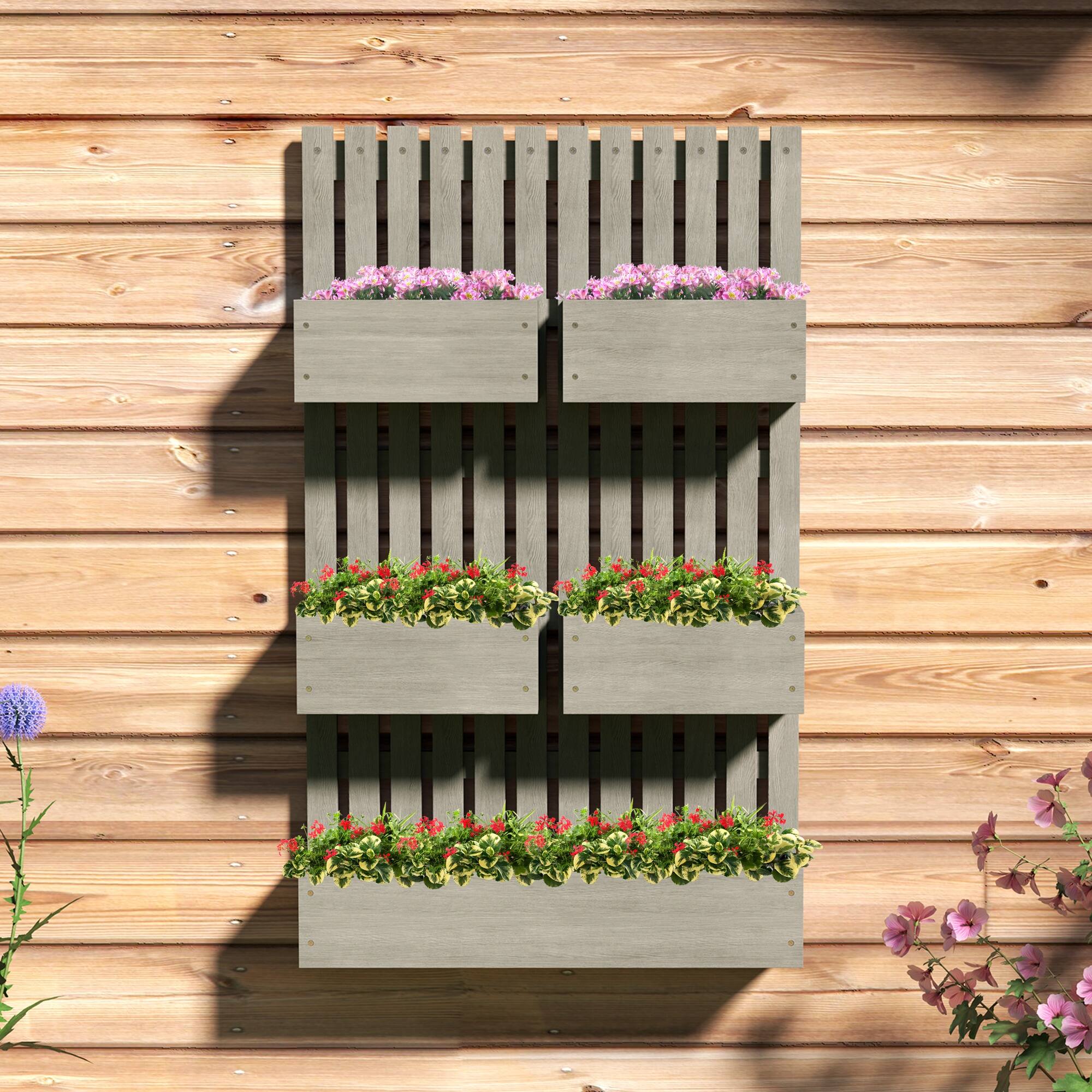 Alt View 7. Outsunny - 5 Box Raised Garden Bed with Trellis for Vine Flowers & Climbing Plants, 39" Tall Wall-Mounted Wood Planter Box Set - Gray.