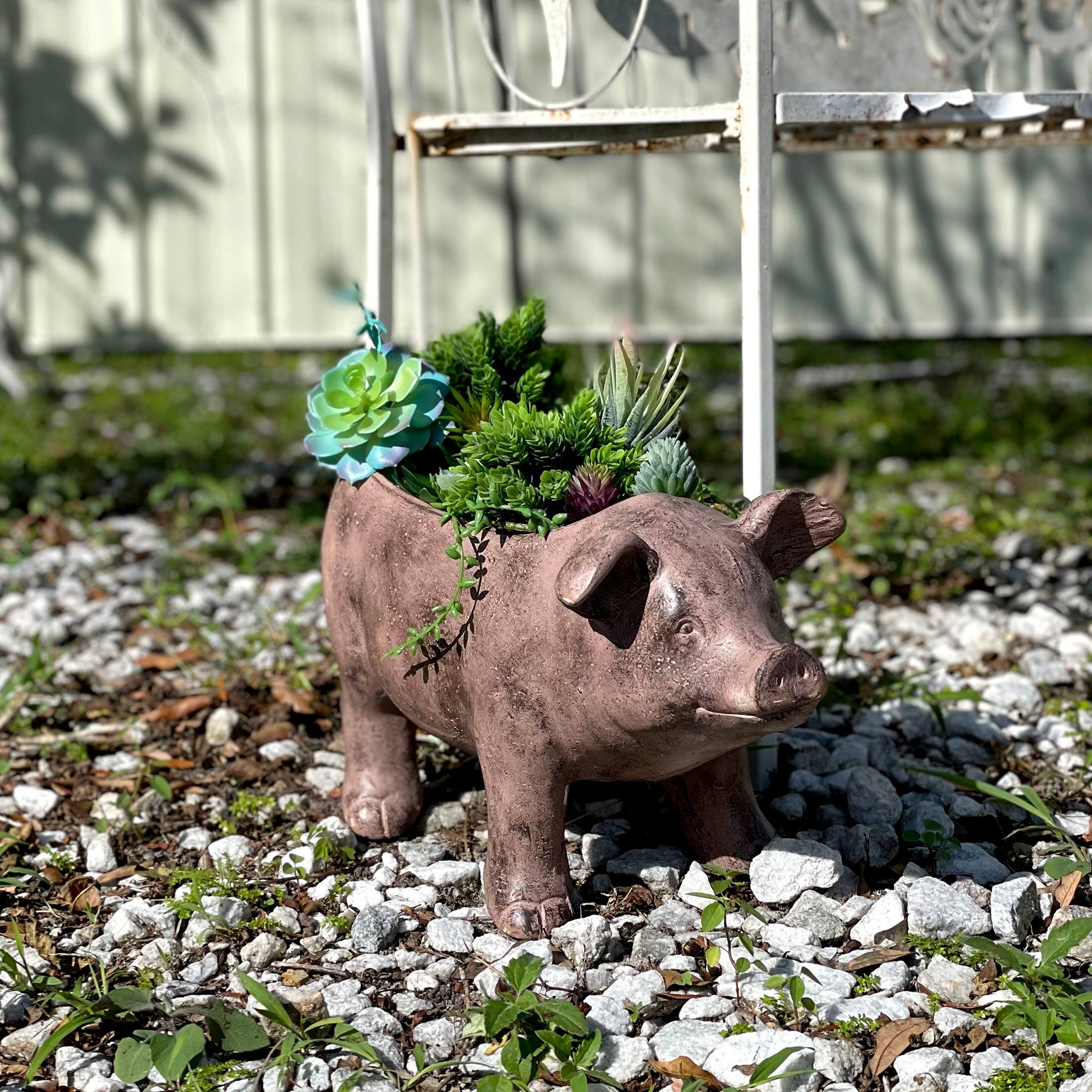 Alt View 3. Zeckos - 17 Inch Long Rustic Brown Finish Smiling Pig Planter - Brown.