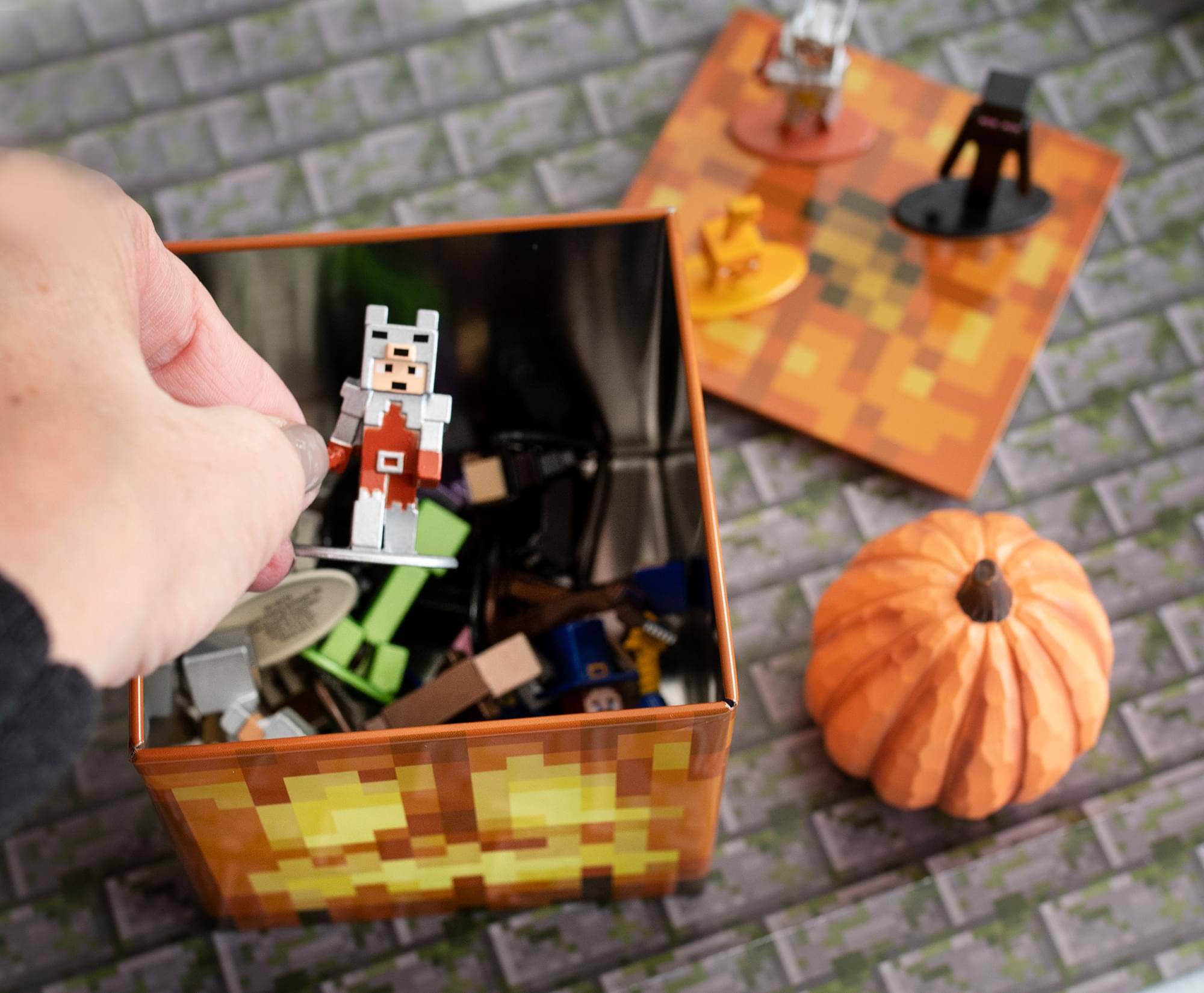 Alt View 2. Ukonic - Minecraft Jack O'Lantern Tin Storage Box Cube Organizer with Lid | 4 Inches - Brown.