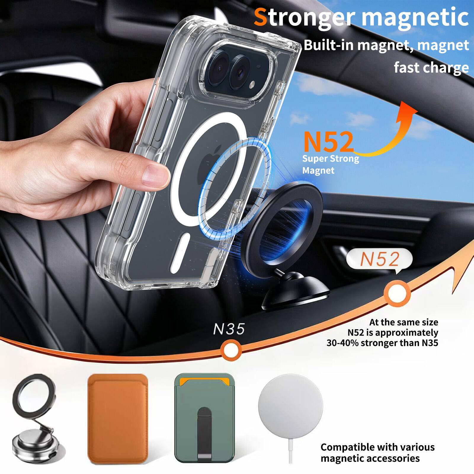Stronger magnetic  
Built-in magnet, magnet fast charge  

N52  
Super Strong Magnet  

N52  
At the same size N52 is approximately 30-40% stronger than N35  

Compatible with various magnetic accessories